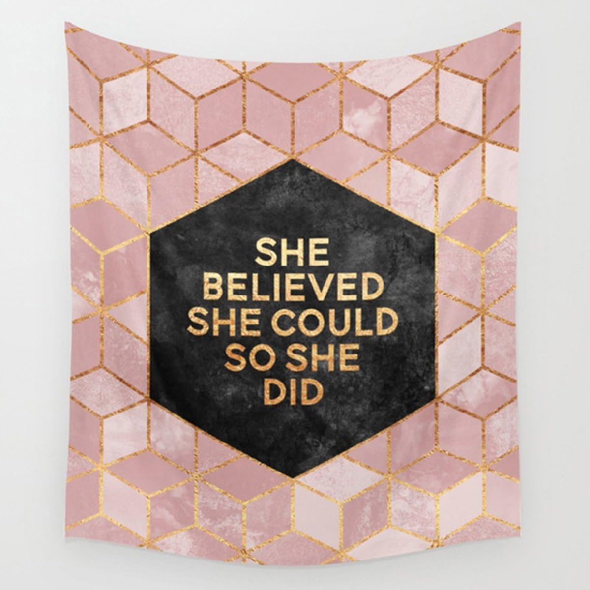 Koongso Pink and Gold Cube with Words Tapestry Wall Hanging,She Believed She Could Printed Wall Art Hanging Tapestry Dorm Decor