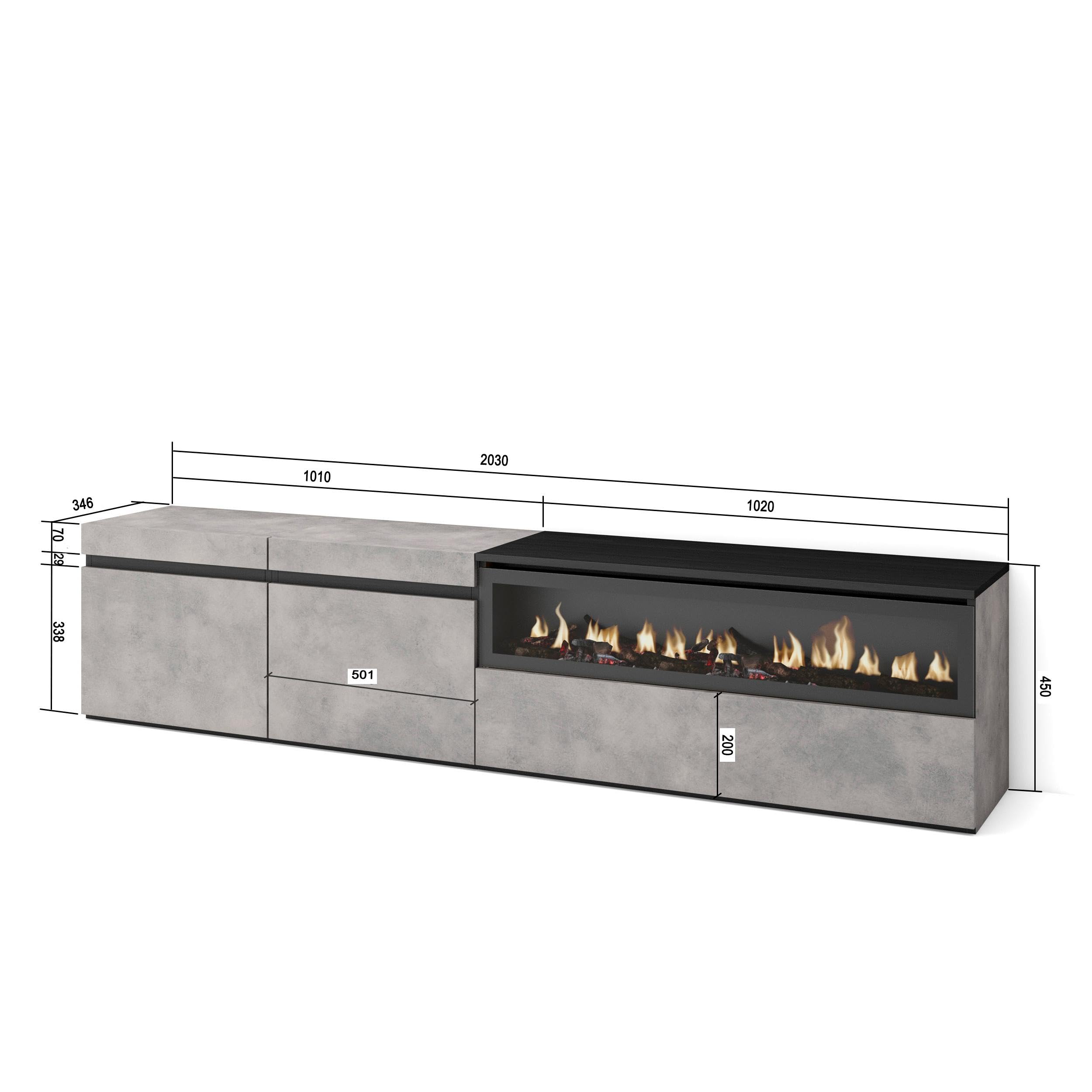 Skraut Home | Mobile TV Soggiorno | Ampio spazio a disposizione | 200x45x35cm | Per TV fino a 80" | Camino elettrico | Stile moderno | Cemento