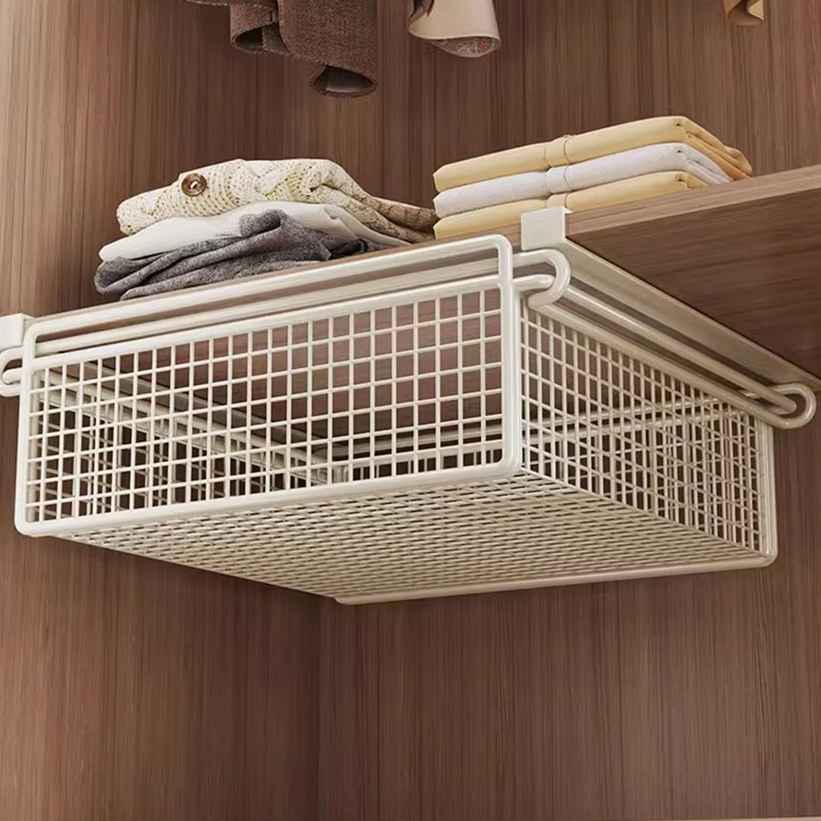 Panier de rangement en métal extractible sous étagère avec crochets, tiroir multifonctionnel pour vêtements, économie d'espace, organisateur de garde-robe en fer - Yooghuge