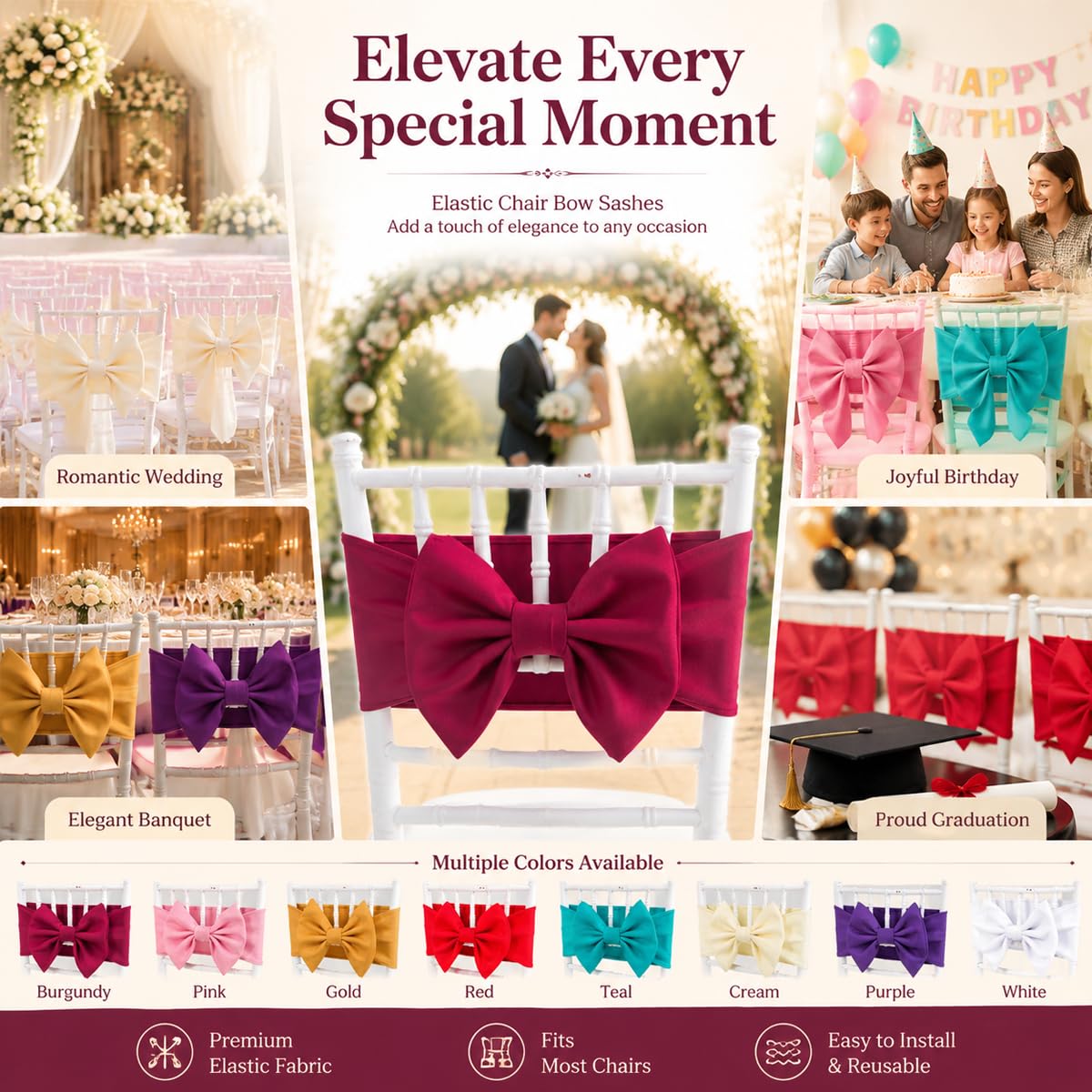 Stuhlschärpe Stuhlschleife Elastisch für Hochzeit Bankett 6 Stück | Elegante Stuhldeko, elastische Passform, samtige Optik, kein Binden nötig, für Hochzeit, Empfang, Festsaal und Events