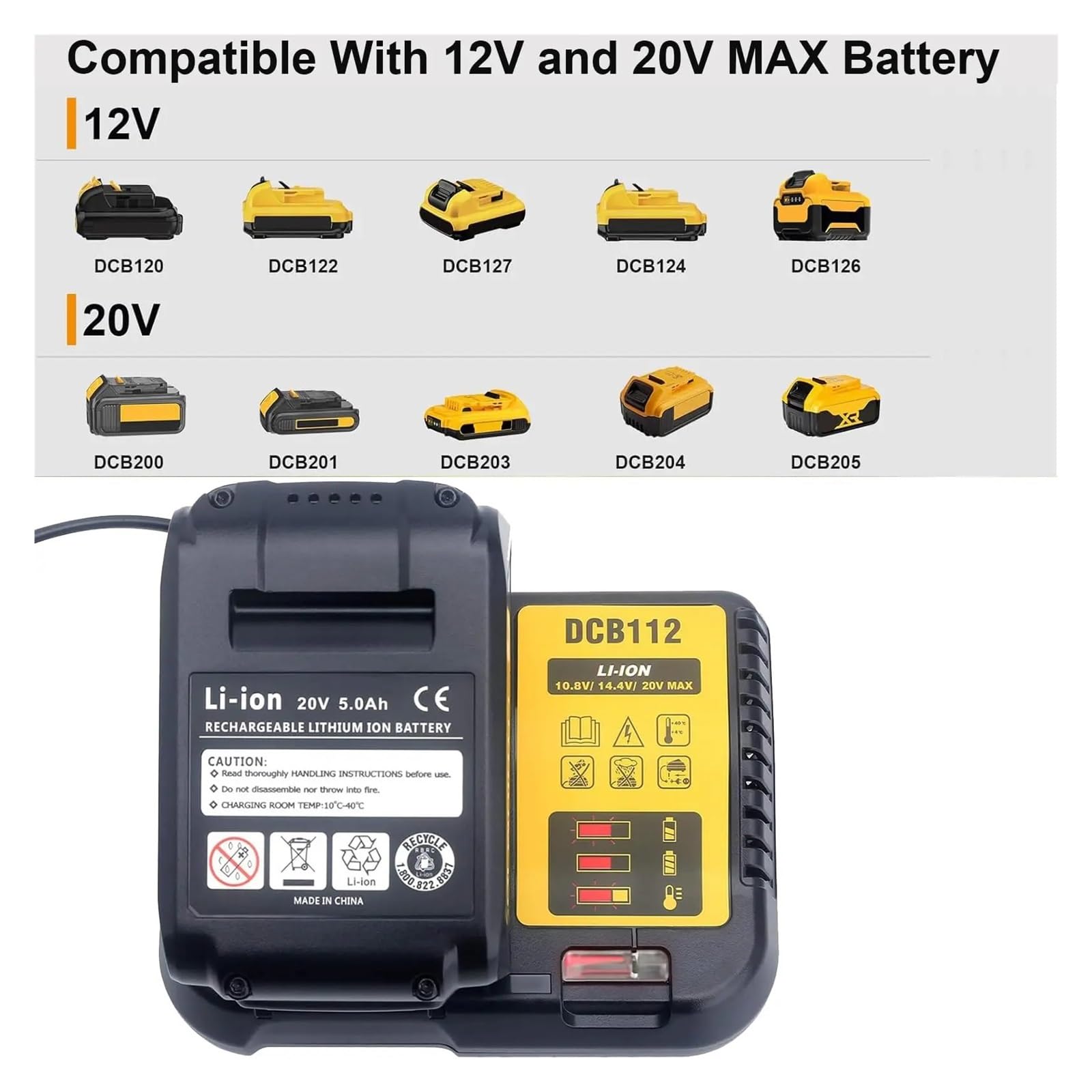 Caricabatterie al litio DCB112 2A compatibile for Dewalt 10,8 V 12 V 14,4 V 18 V 20 V DCB206 DCB205 DCB204 DCB203 DCB120, DCB107 DCB115 DCB105(AU)