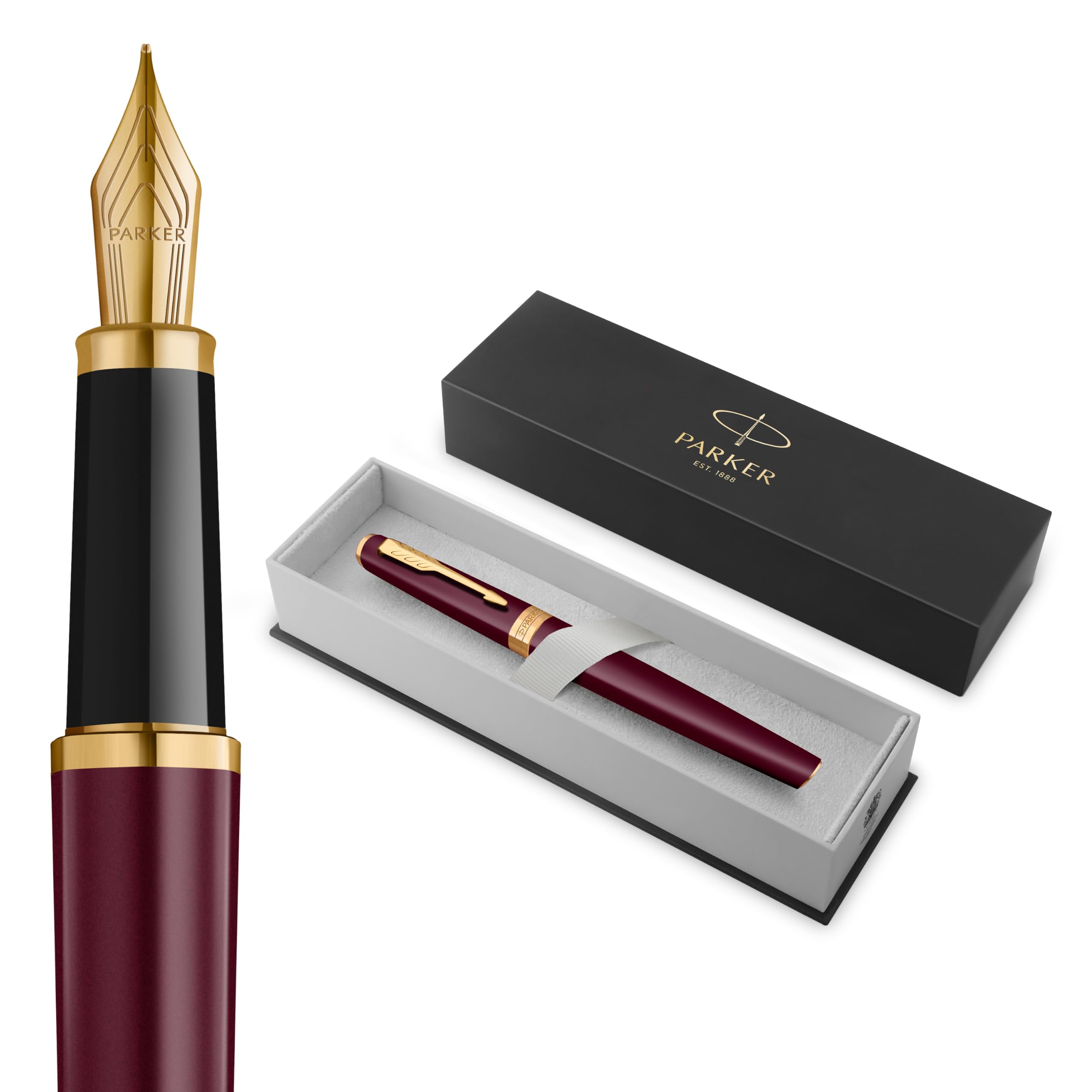 PARKER Meridian Fountain Pen | Red Lacquer with Gold Trims | Fine Nib | Handwriting Pens & Stationery Supplies | Blue Ink | Luxury Gift Box