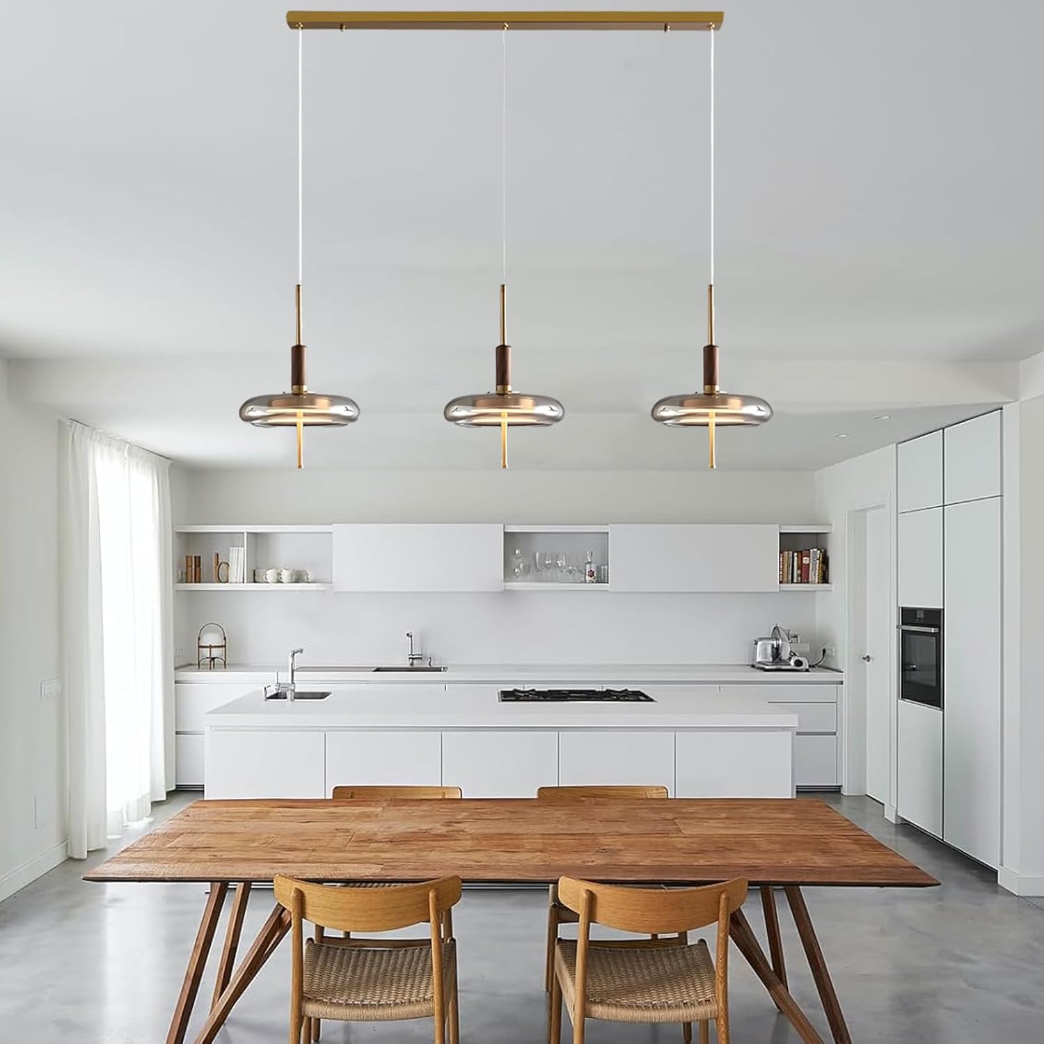 SOMINA Modern Glass LED Pendant Light, 3 Lights Adjustable Suspension Fixture with Dimmable Warm White, Minimalist Chandelier for Dining Area, Kitchen Island & Bedside Lighting