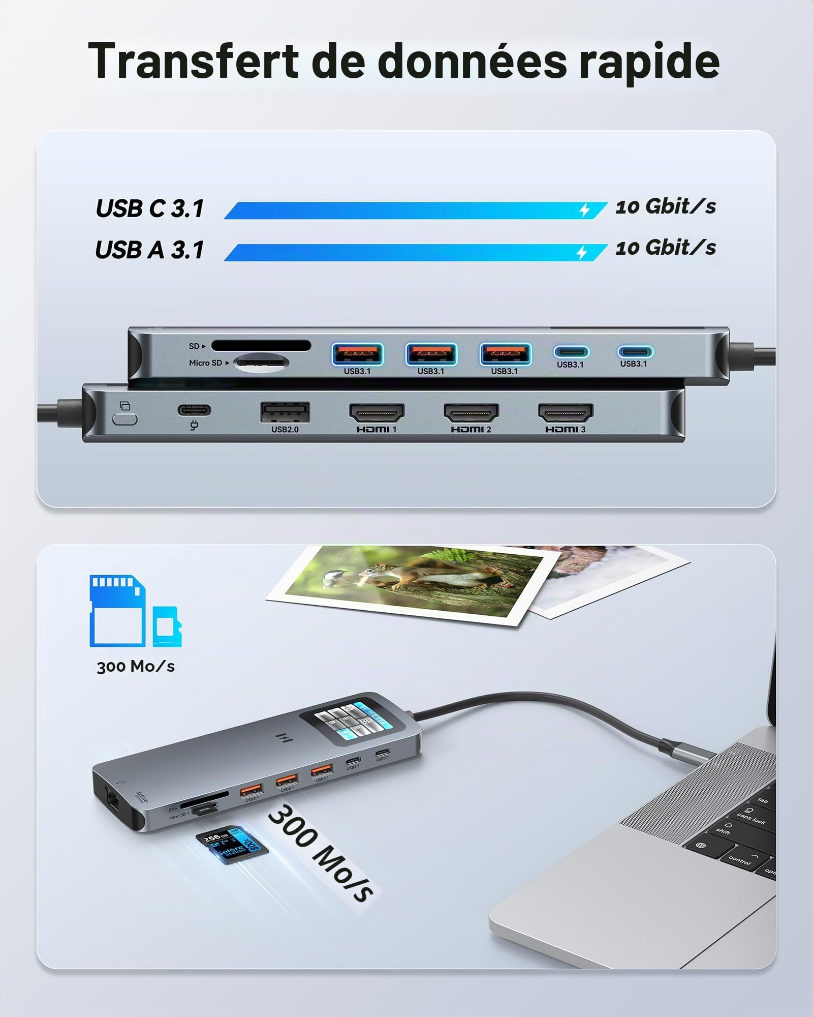 Station d'accueil USB C 3 HDMI pour ordinateur portable 3 moniteurs 13 en 1 Hub USB C Triple écran avec 3 ports HDMI 4 K, Ethernet 2,5 G, PD 100 W, 5 x 10 Gbps USB 3.1, écran intelligent, SD/TF pour