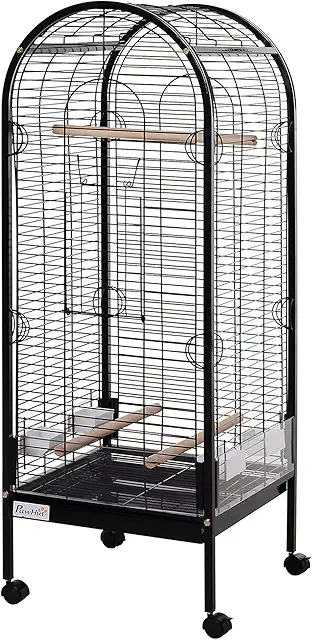 PawHut Jaula para Pájaro Metálica con 3 Perchas de Madera Extraíbles Espaciosa para Loros Canarios Cotorra Papagayo con 4 Ruedas 54x54x151 cm Negro