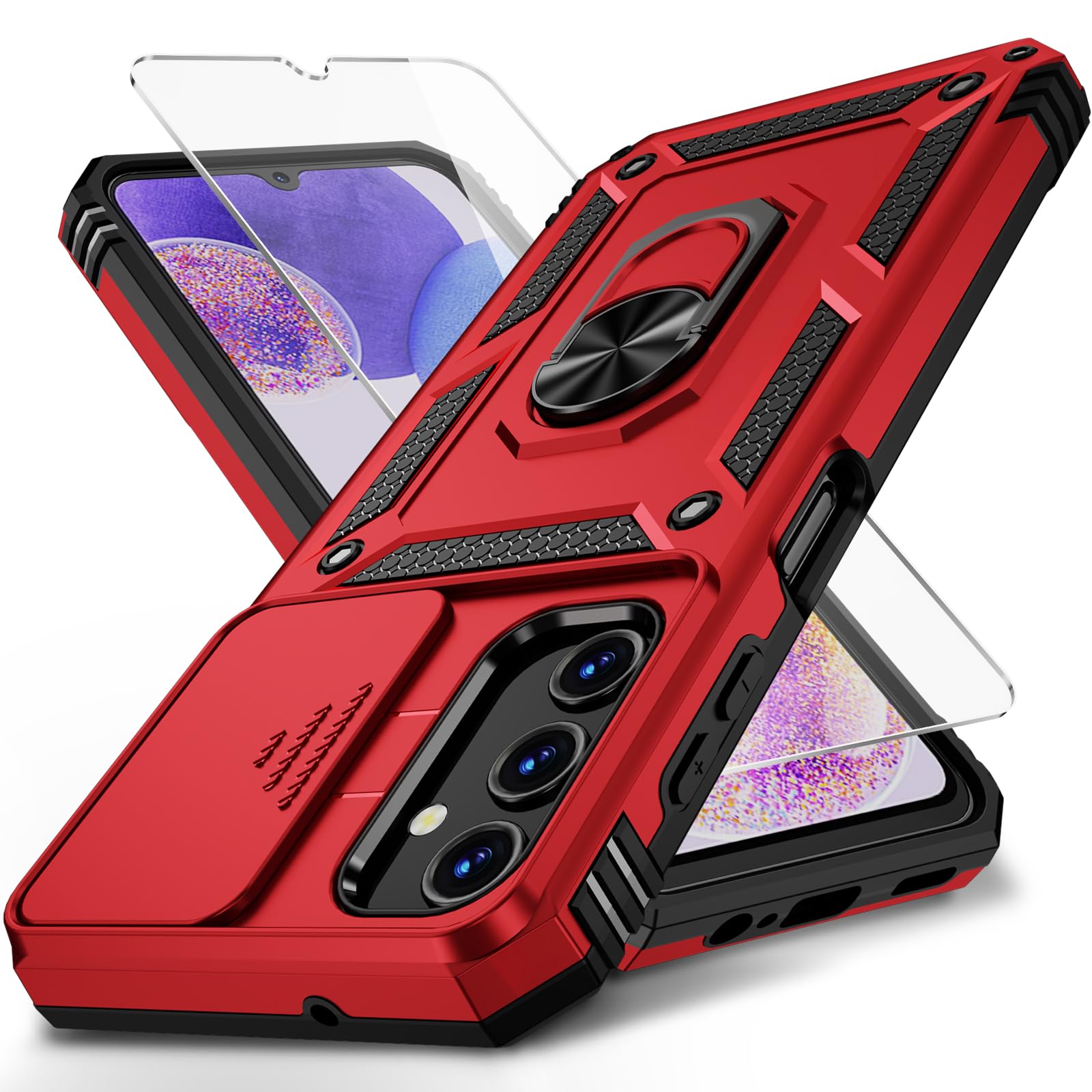 Vinve for Samsung Galaxy A15 5G Case with Slide Lens Cover, HD Screen Protector, Military Grade Drop Protection, Magnetic Rotated Ring Holder