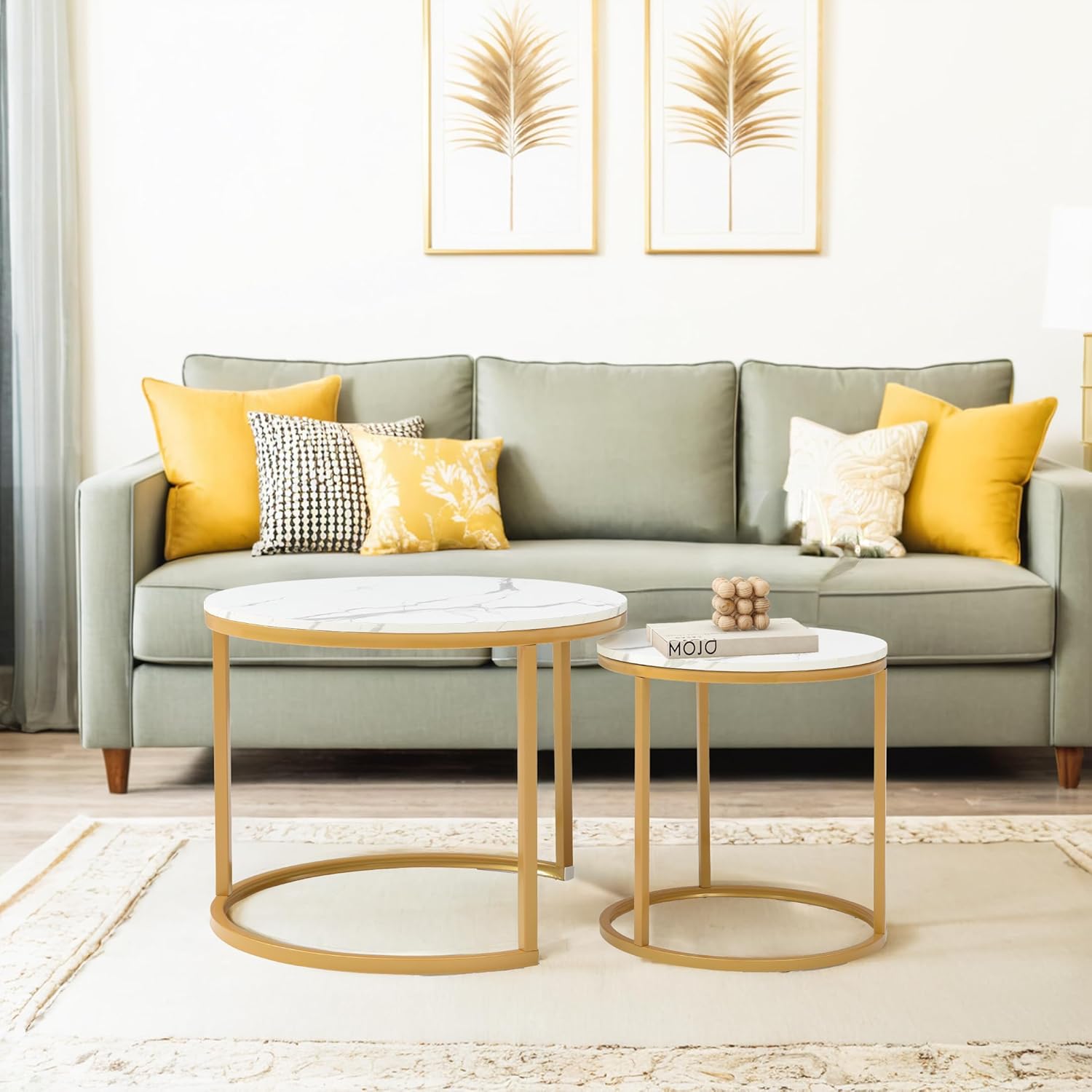 Faux Marble Top Nesting Coffee Tables End Table, Sofa Side Table Set of 2 for Living Room Bedroom Balcony, Stacking Coffee Table with Golden Frame