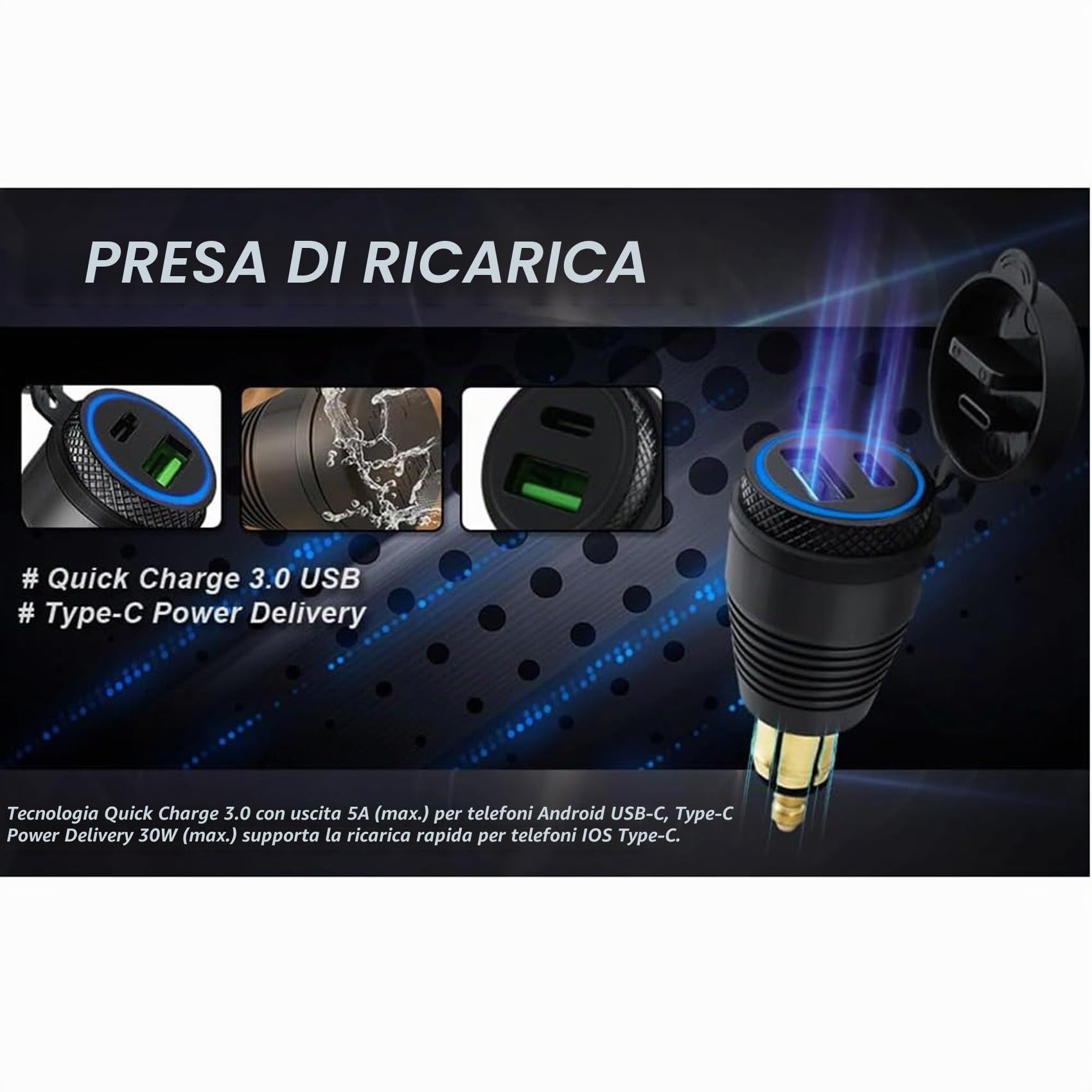Caricabatteria impermeabile per moto DIN un caricabatterie USB QC3.0 e tipo C 30 W alimentatore adattatore femmina