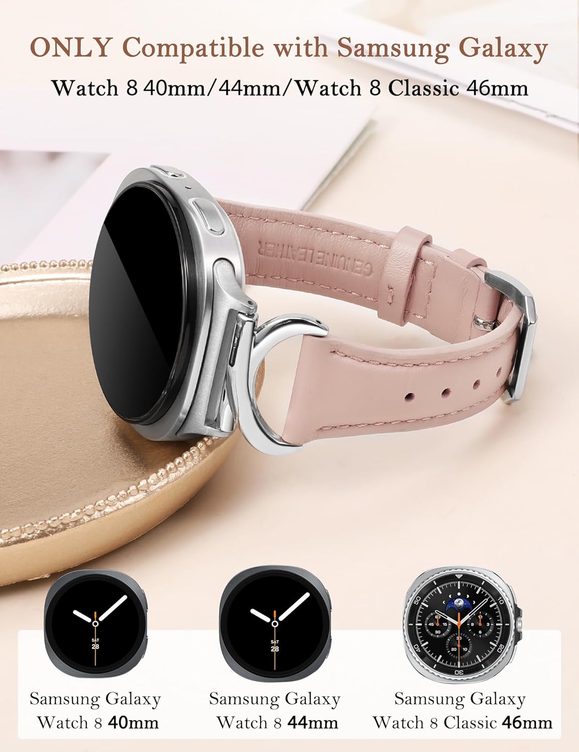 Minyee Leather Band Compatible with Samsung Galaxy Watch 8 40mm 44mm/ 8 Classic 46mm Bands, No Gap One-Click Slim Thin Dressy Leather Strap with C-Shape Metal Buckle Women, NOT for Other Models - Image 2
