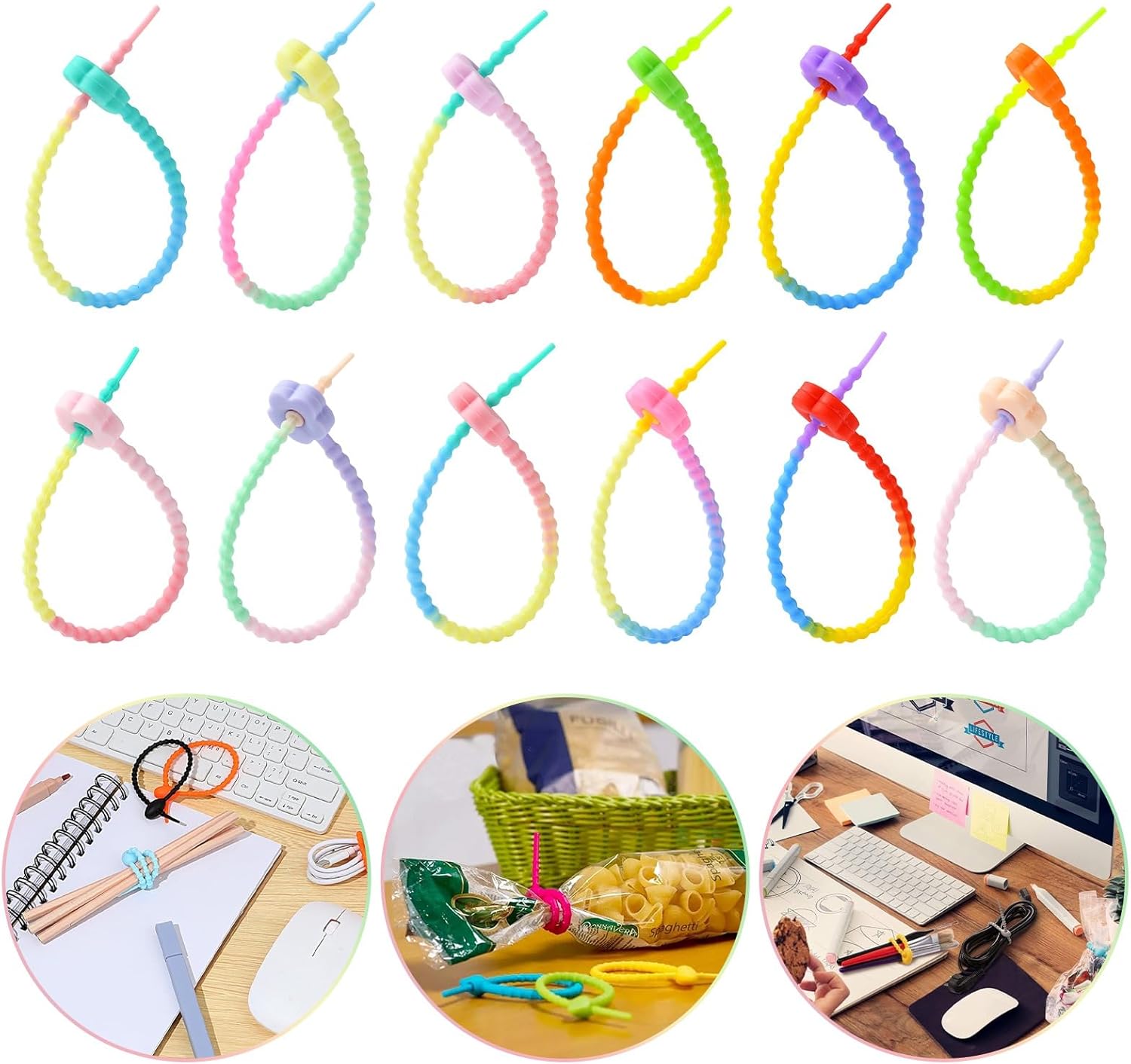 LiQunSweet 24 pcs 12 Styles Gradient Flower Silicone Cable Ties Reusable Rubber Adjustable Twist Tie Cord Straps for Bag Seal Clip Zip Wraps Management Organizer