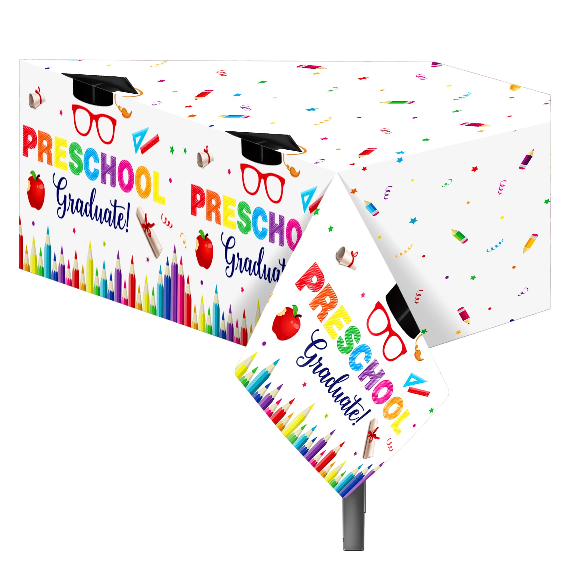 CC HOME 2Pc Preschool Graduation Party Plastic Tablecloth 54 x 87 Inch Long Table Cover, Colorful Crayon Party Tablecover for Graduate Theme Kids Baby Shower Birthday Dinner Picnic Kitchen Event