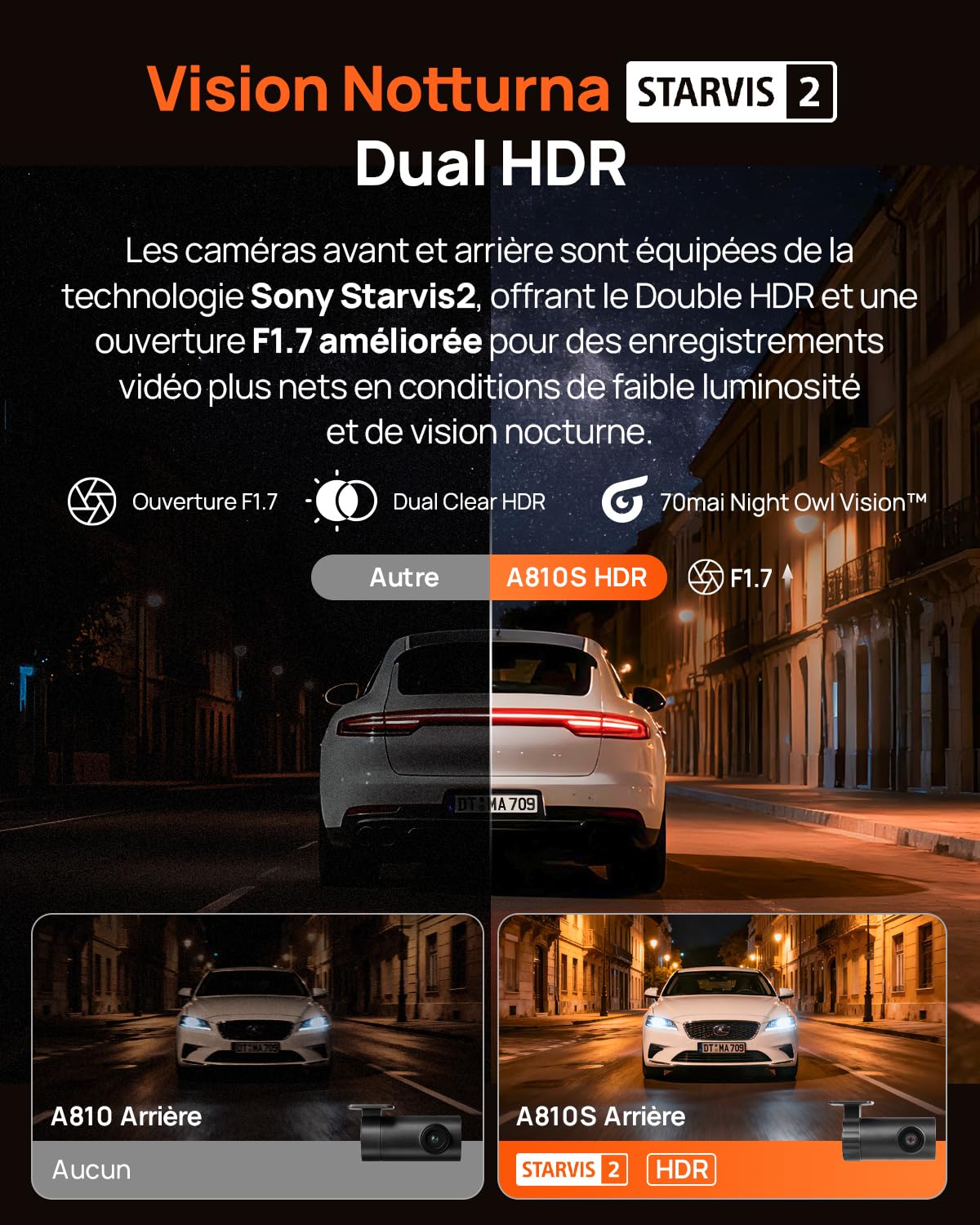 70mai Dashcam Voiture A810S, 4K+1080P Dashcam Voiture Avant Arrière Double STARVIS 2, HDR Vision Nocturne, 4G LTE, ADAS, GPS Intégré, WiFi & App Contrôle，Mode Stationnement avec Carte MicroSD 128 Go
