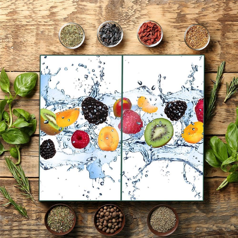 Herdabdeckplatte Abdeckung Ceranfeld Abdeckplatte Schneidebrett 2-Teilig 60x52 Früchte Mehrfarbig Spritzschutz Glasplatte Ceranfeldabdeckung Schutz Herdschutz Sicherheitsglas Glasschneidebrett 2x30x52