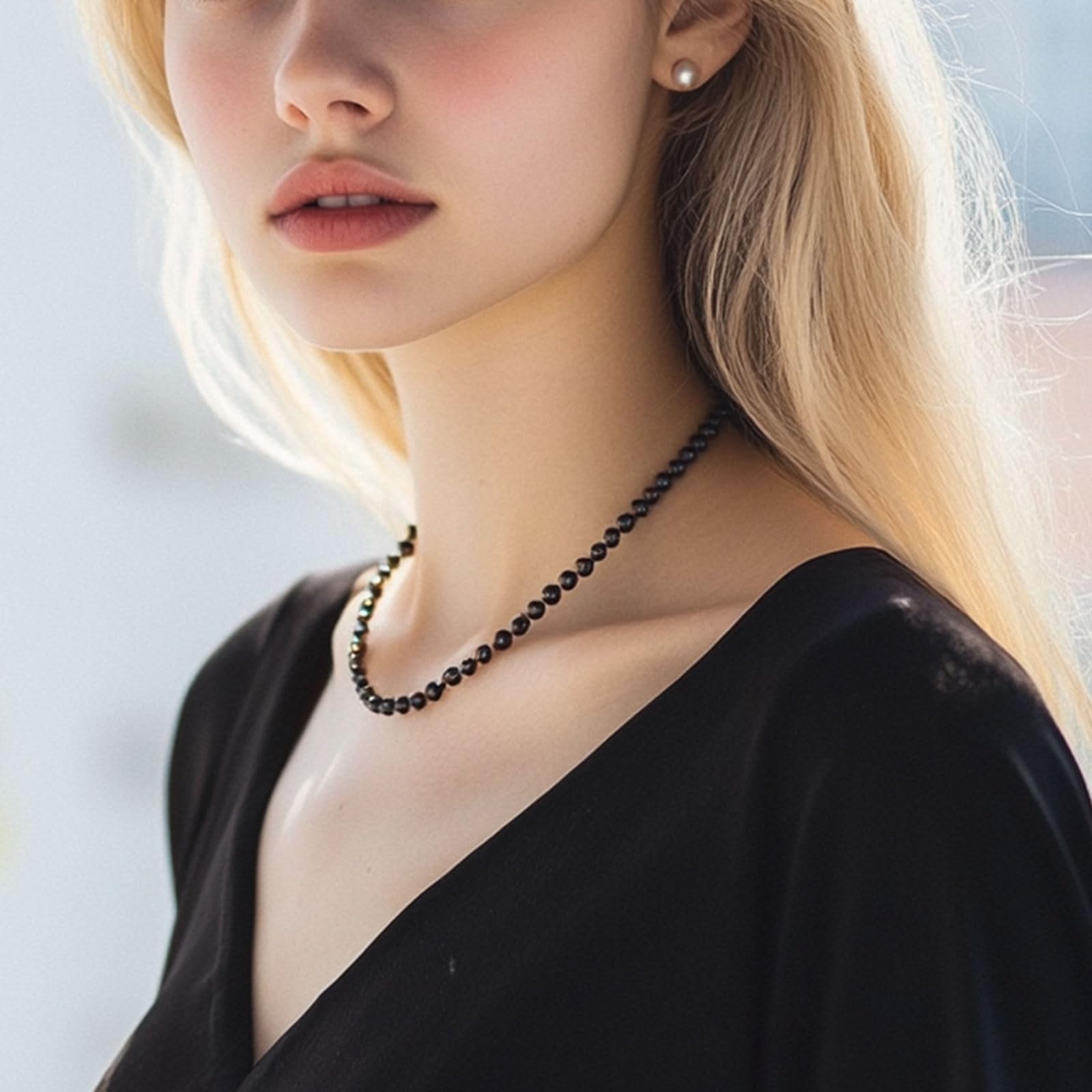 YAMI Collar de perlas negras, 5,5-6 mm, perlas redondas naturales cultivadas en agua salada con cierre de plata de ley 925, elegante, 18 + 2