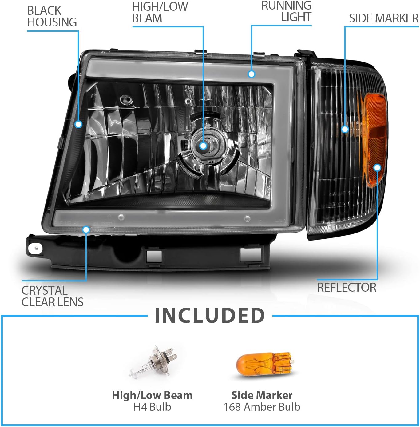 AmeriLite for 1997-2000 Toyota Tacoma 2WD Pickup LED Tube Black Reaplcement Headlights + Corner Light Set - Passenger and Driver Side