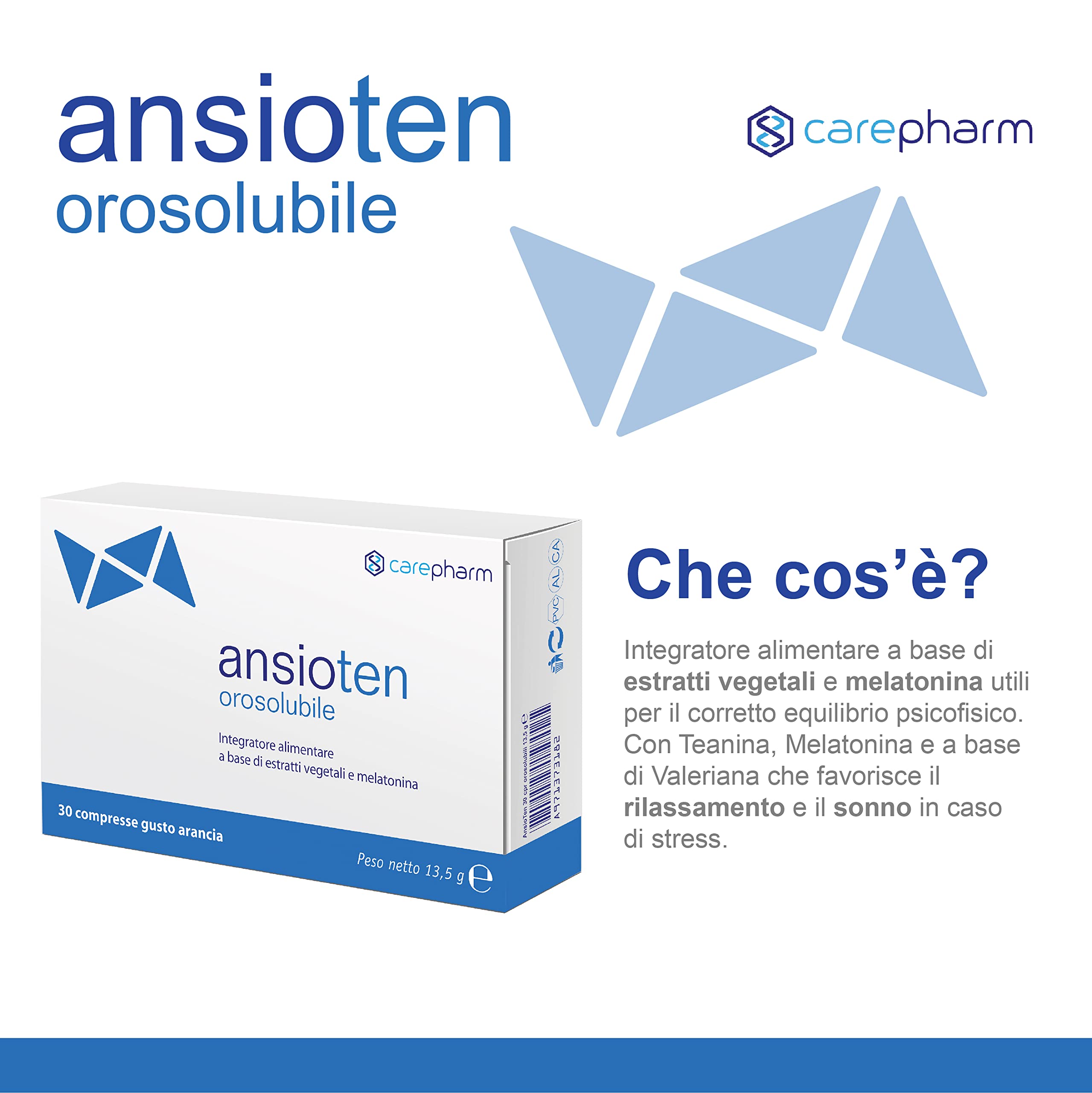 Carepharm, Ansioten Orosolubile, 30 Compresse di Integratore Alimentare a Base di Estratti Vegetali, Gusto Arancia, Favorisce il Rilassamento in Caso di Stress, Senza Zuccheri, Senza Lattosio, 30 g