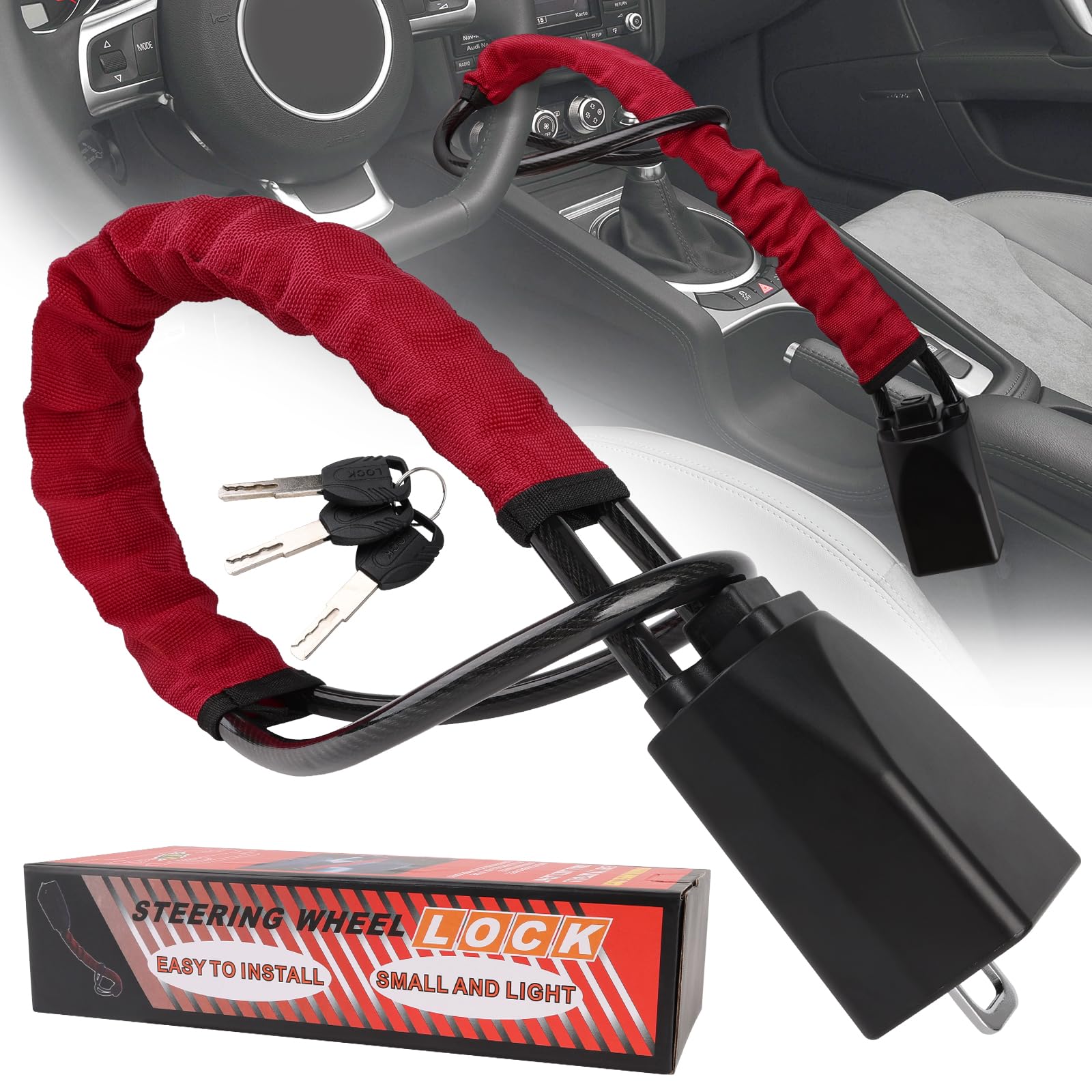 Steering Wheel Lock - Double Anti-Theft Device with 3 Keys, Easy to Lock or Unlock, Universal Fit for Car, Van, Trucks, SUV