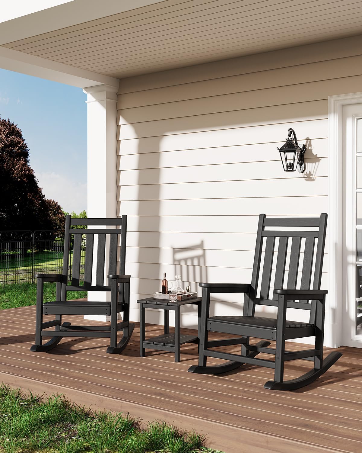 GarveeLife Rocking Chair Outdoor - HDPE Poly High Back Porch Rocker Chairs for Adults - All Weather Resistant Furniture for Patio - Black