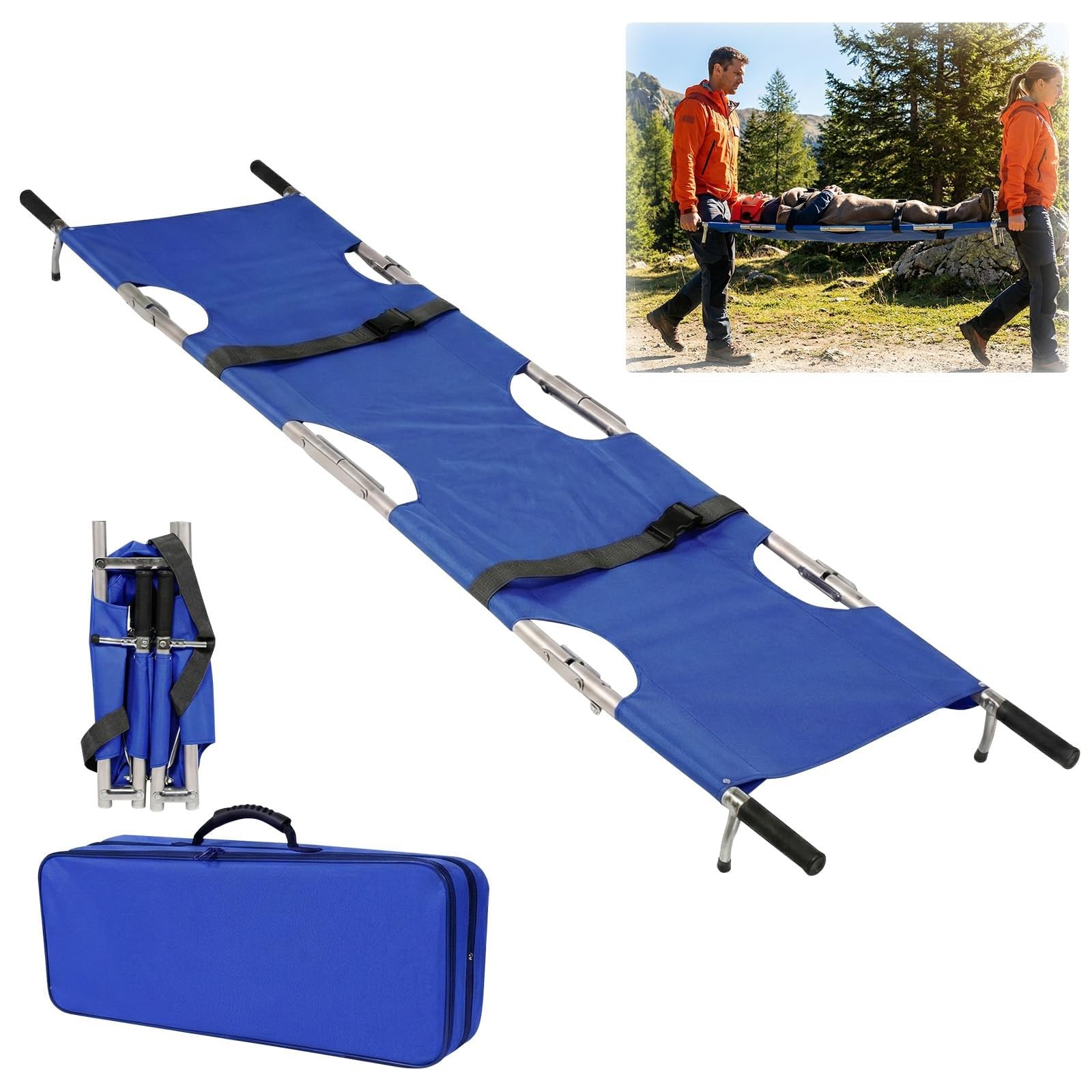 Camilla plegable portátil, Camilla médica de emergencia de Acero inoxidable de Alta resistencia, plegable en 4 secciones, con Tela Oxford, correas de seguridad y, Blue