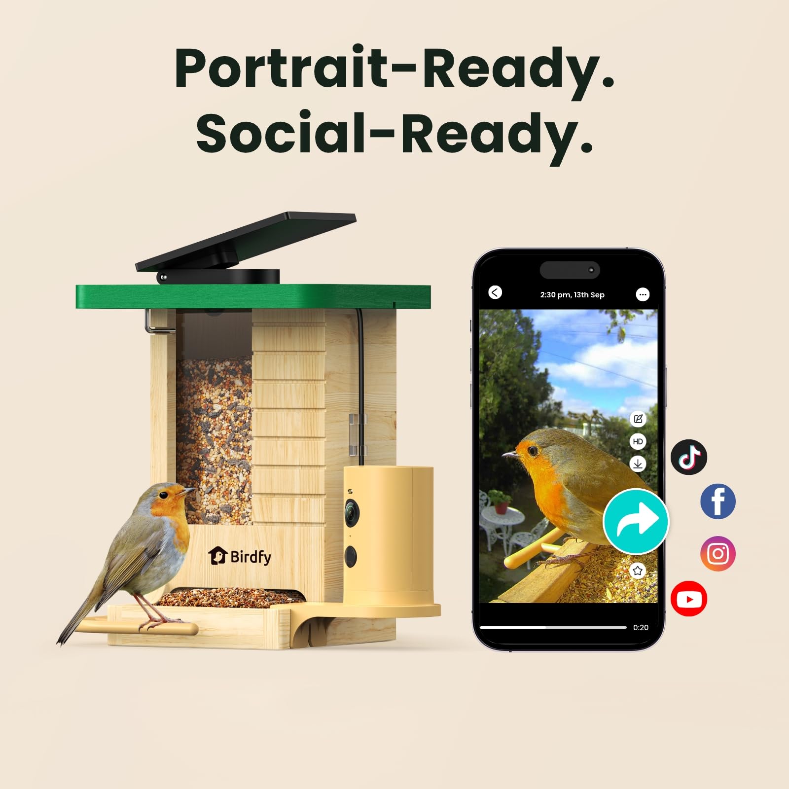 Smartes Vogelfutterhaus mit Kamera, Birdfy VogelFutterspender aus Holz, solarbetrieben, KI-Erkennung für 6000+ Vogelarten, 1080P Hochformat, wetterfest, App Live-Ansicht, YouTube&Facebook Streaming
