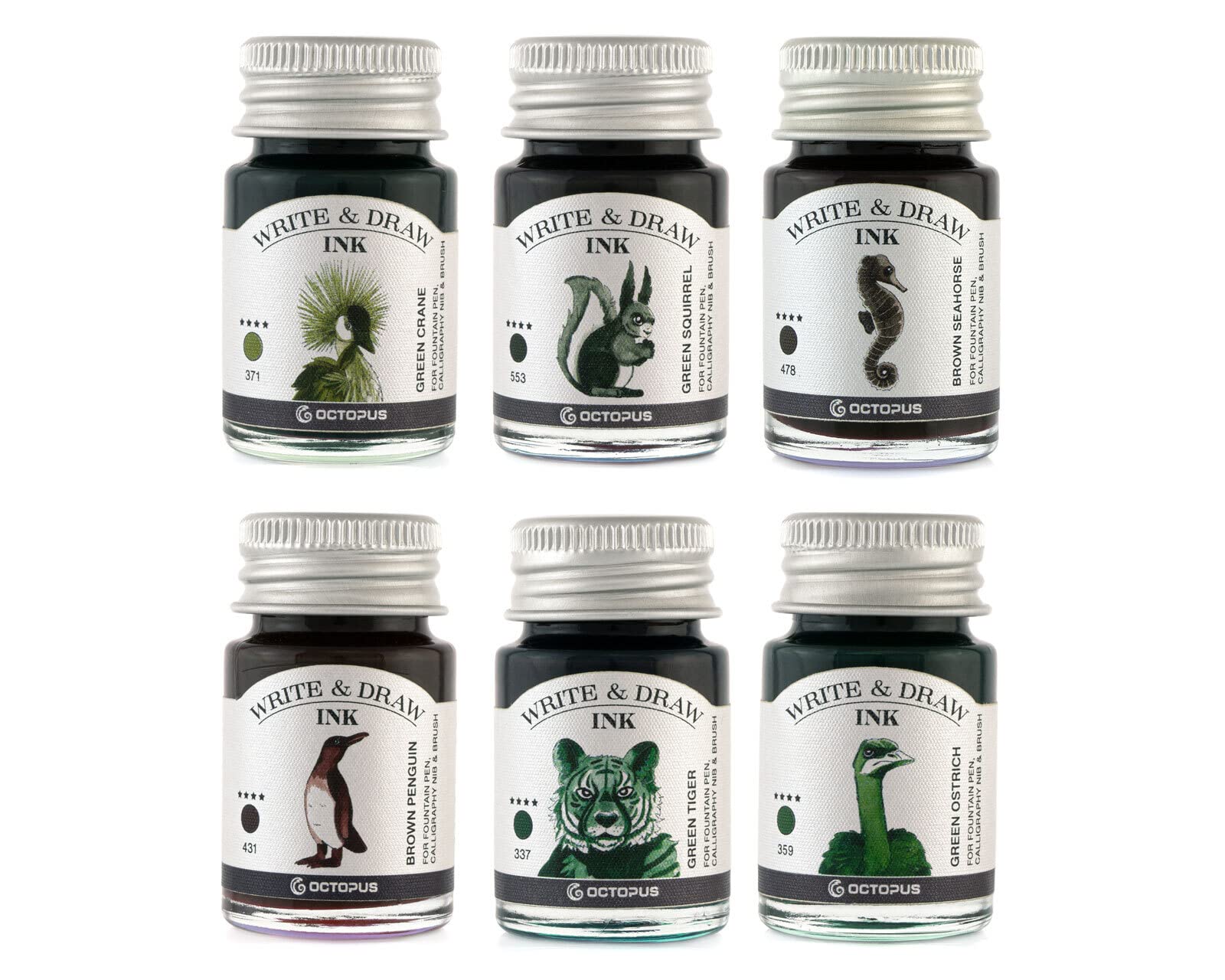 Ensemble d'encre à dessin et à écrire Octopus Fluids FOREST, encre résistante à l'eau pour l'écriture et le dessin, encre de calligraphie, encre de dessin pour stylo plume, 6x10 ml