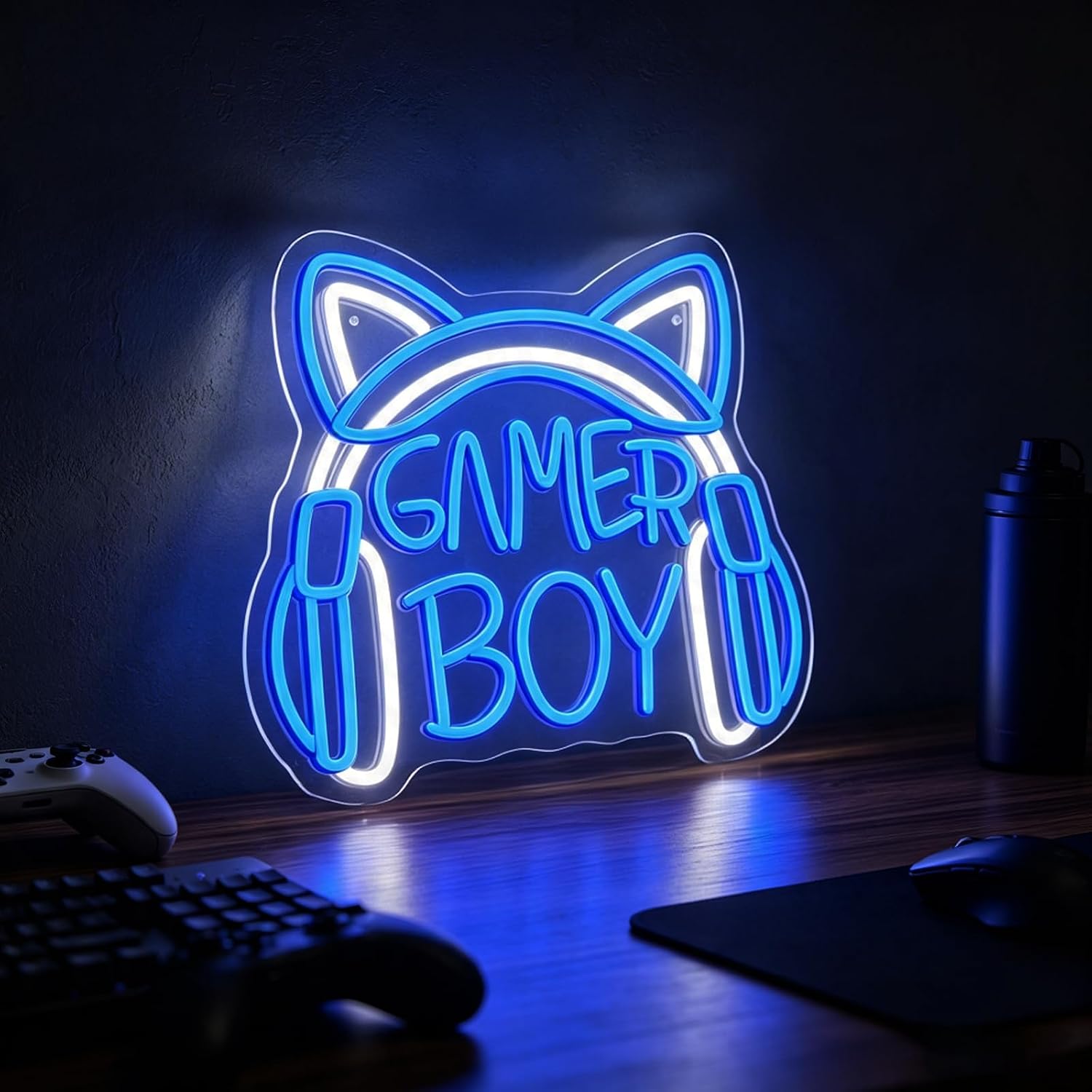 Game Boy Neon Sign Blue Cat Ear Headphone Light Up Sign for Wall Decor Dimmable USB Powered Acrylic LED Light with Hanging Chain for Gaming Room Boys Bedroom Club Gift for Male Gamers (14"×13")