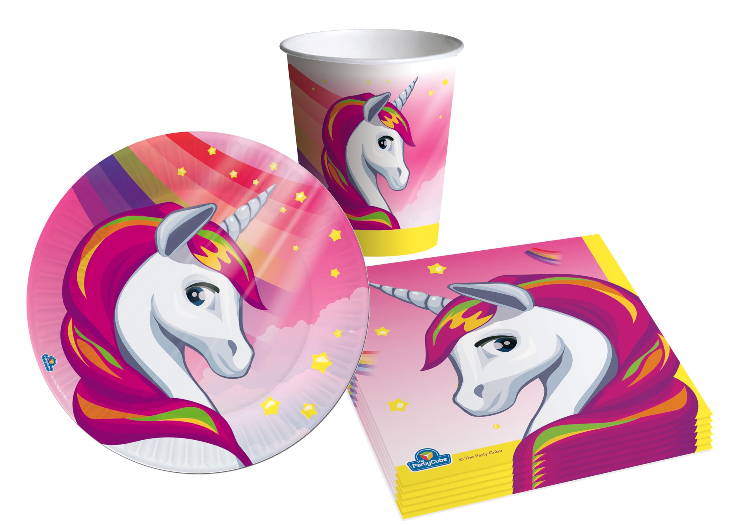 Party Tableware Set Unicorn for 24 people (88 pcs: 24 plates Ø18cm, 24 cups 200ml, 40 napkins 33x33cm) in eco-friendly compostable paper