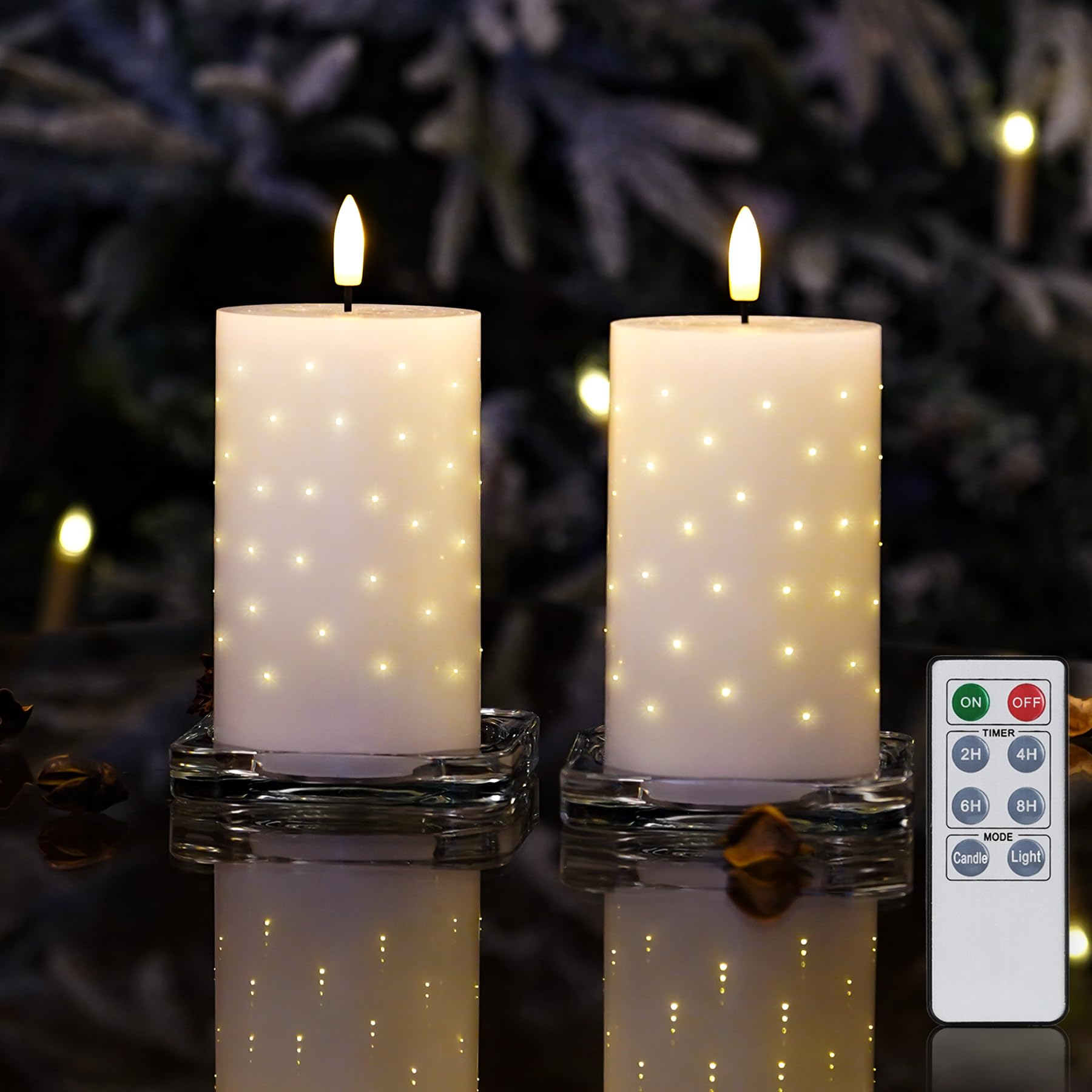 Rhytsing White Real Wax LED Candles with Twinkle Fiber Optic Lights, Battery Operated Candles for Christmas Table Centerpieces, Batteries and Remote Included - Set of 2