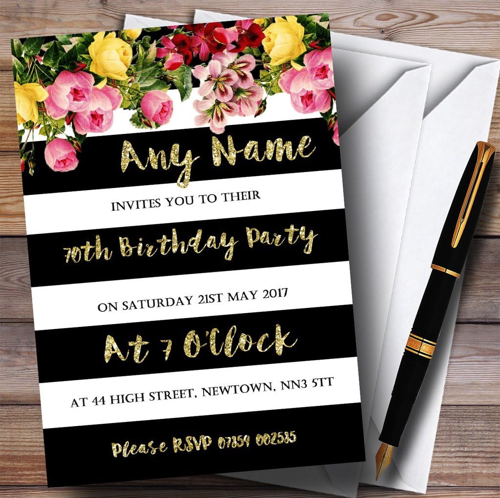 Pink Floral Black White Gold 70th Personalized Birthday Party Invitations