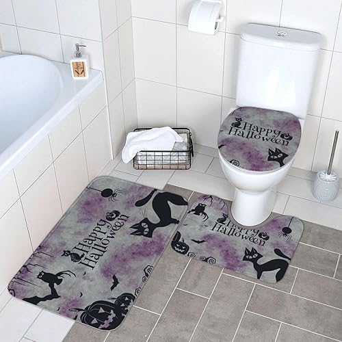Miniatura 8 de Decoración de Halloween, juego de 3 piezas de alfombras de baño de calabazas, gato negro, murciélagos, alfombra de baño antideslizante, alfombra de
