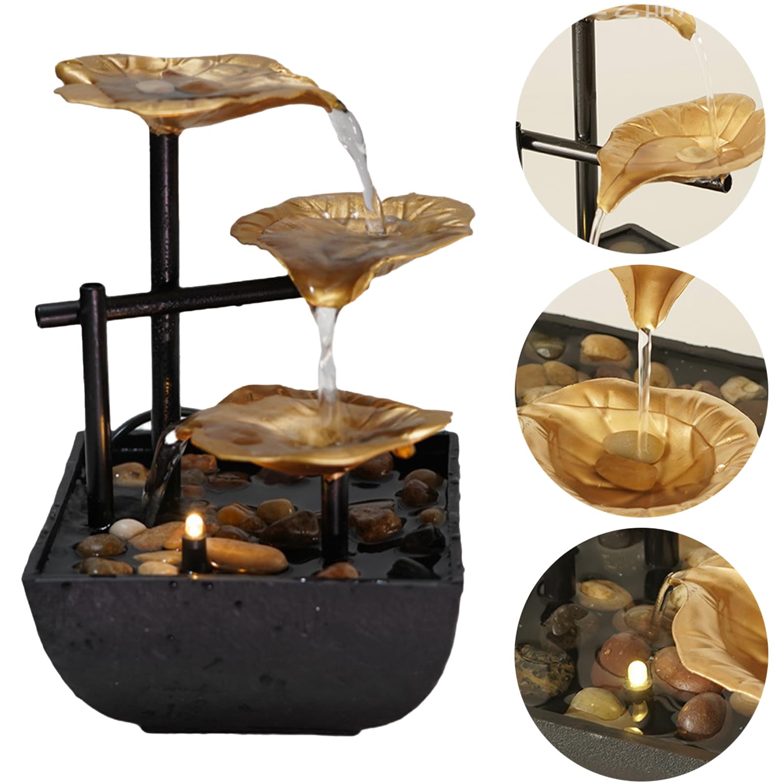 Fontaine de Bureau d'intérieur,Cascade Ornements d'eau Courante,Décor de Table Zen Moderne en Métal,avec Lumières LED,pour la Décoration de la Maison,L'ameublement de Bureau,Chambre (Or)