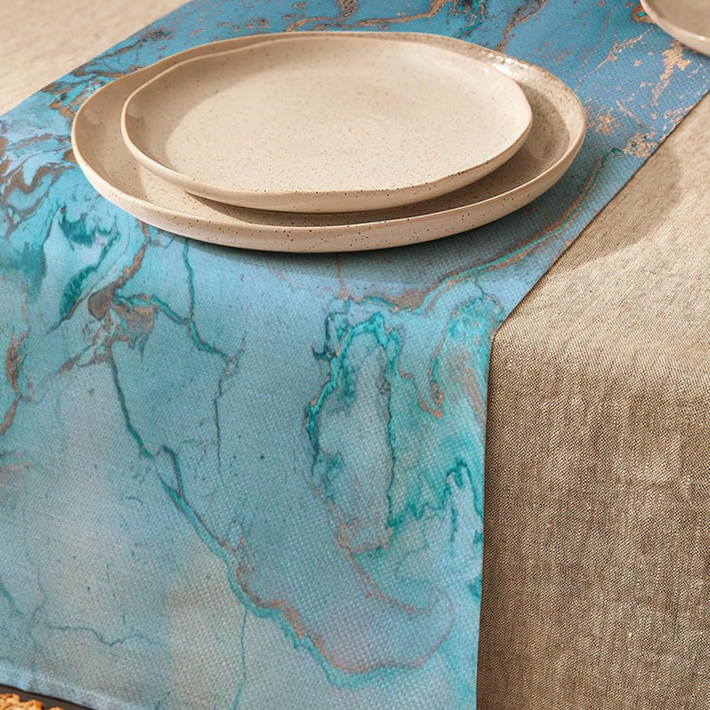 FANSU Table Runner, Marble Table Runners for Dining Table, Linen Autumn Table Runner, Washable Table Runners for Holiday Party Dining Table (33x183cm,Blue Marble)