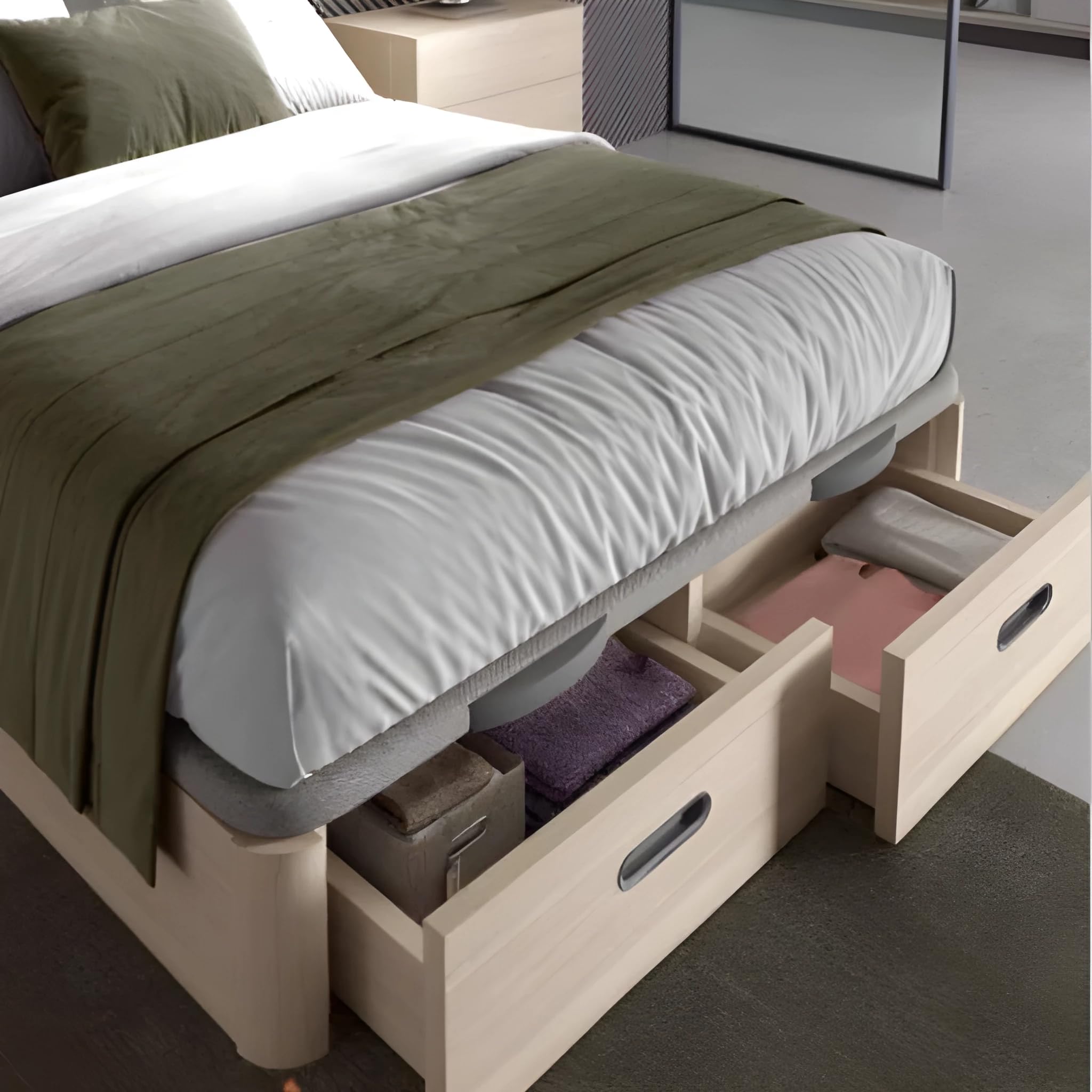 SoloDuerme | Canapé Abatible con Cajones Frontales 150x190cm Classy con Gran Capacidad de Almacenamiento (Roble con Base 3D Beige)