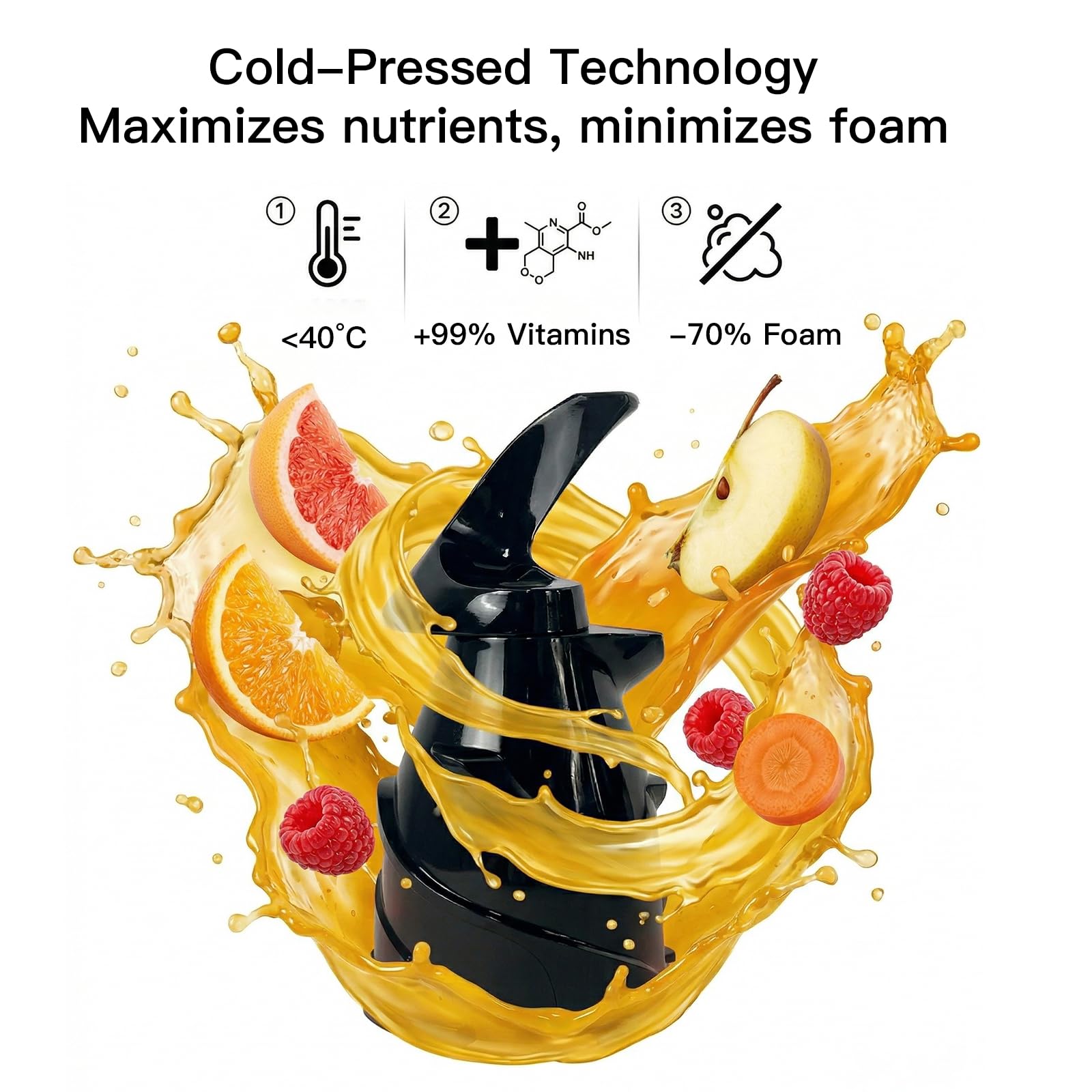 MEGAWISE Presse-agrumes à froid, presse-agrumes 800 W pour fruits et légumes, jus riche en nutriments, fonctionnement silencieux, montage et nettoyage faciles, convient pour la maison