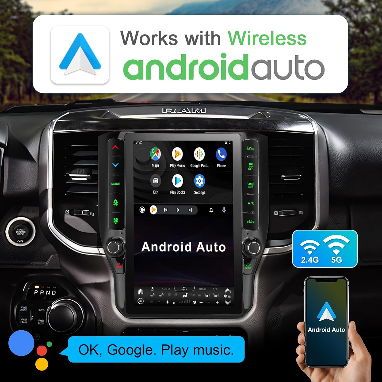 8 Cores 4+64G Radio Upgrade,2019-2024 for Dodge Ram 1500 2500 3500 Truck Car Radio Upgrade,12 inch Vertical Touchscreen Support Wireless CarPlay Android Auto GPS Bluetooth FM SWC(12 inch)