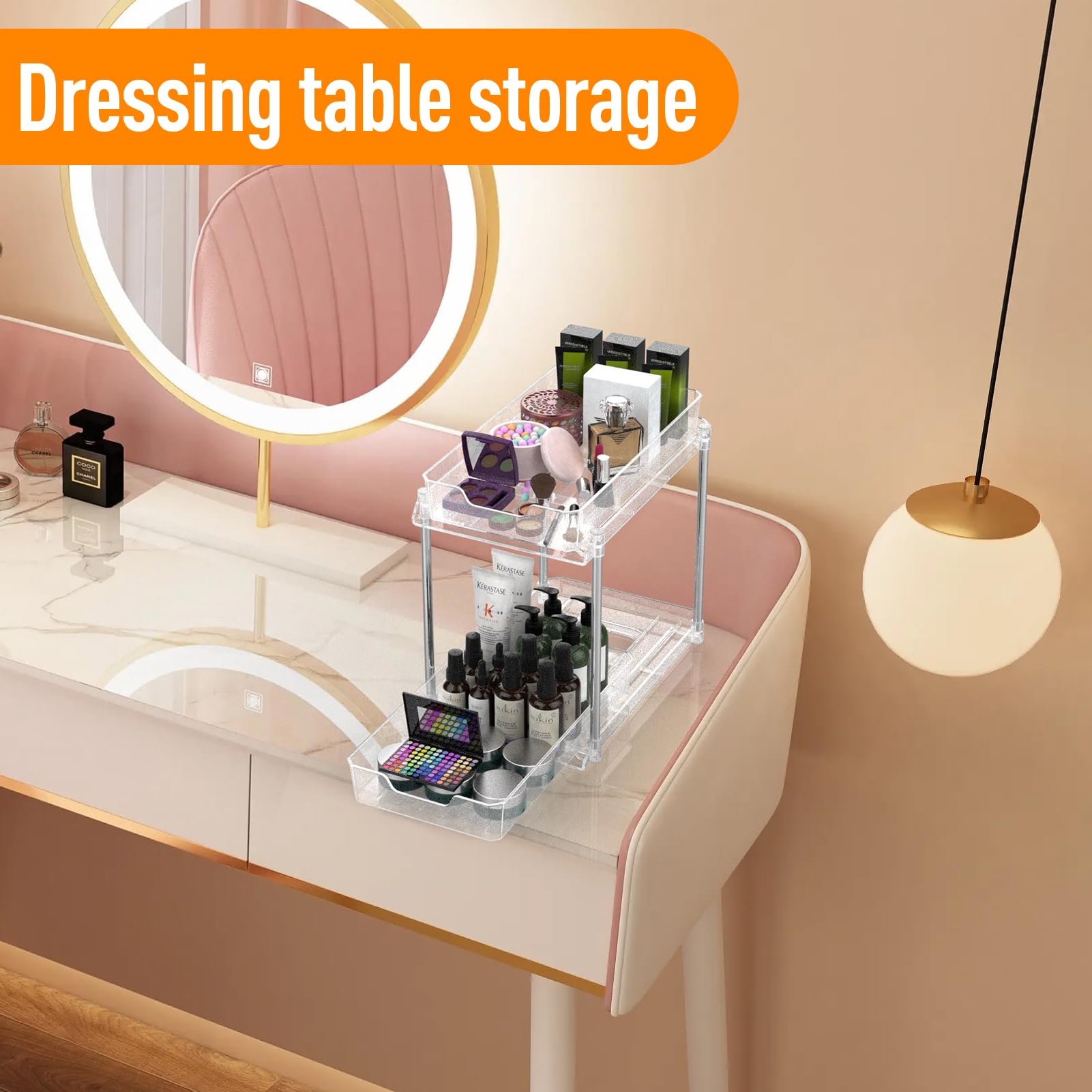 Under Sink Organizers and Storage, 2 Pack Clear Large Capacity Heavy Load Pull-out Under Sink Shelf with 2 Tier Sliding Drawer for Kitchen & Bathroom & Cabinet & Pantry.