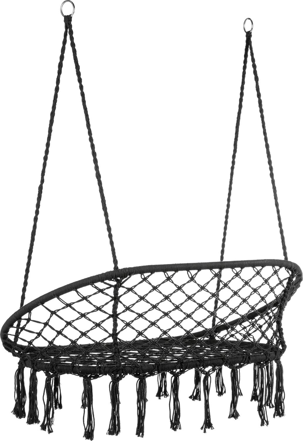 Sedia Sospesa Doppia Stile Boho 130×75 cm – Capacità 200 kg, Telaio Metallico, 4 Corde con Anelli, Interno/Esterno, Frange, Bianca, Balcone Giardino Poltrona Sospesa