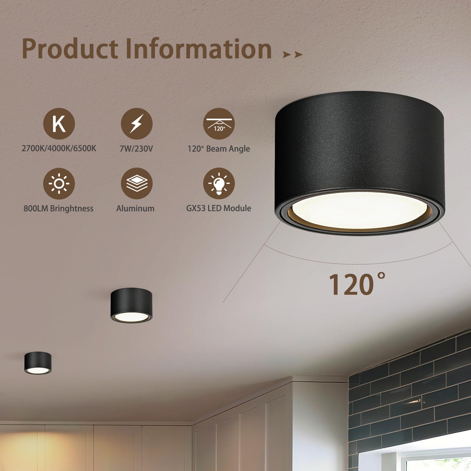 KYOTECH LED Aufbauspots Dimmbar Ø95x55mm Deckenspots Schwarz 7W 800LM GX53 230V 2700K/4000K/6500K 4 Stück