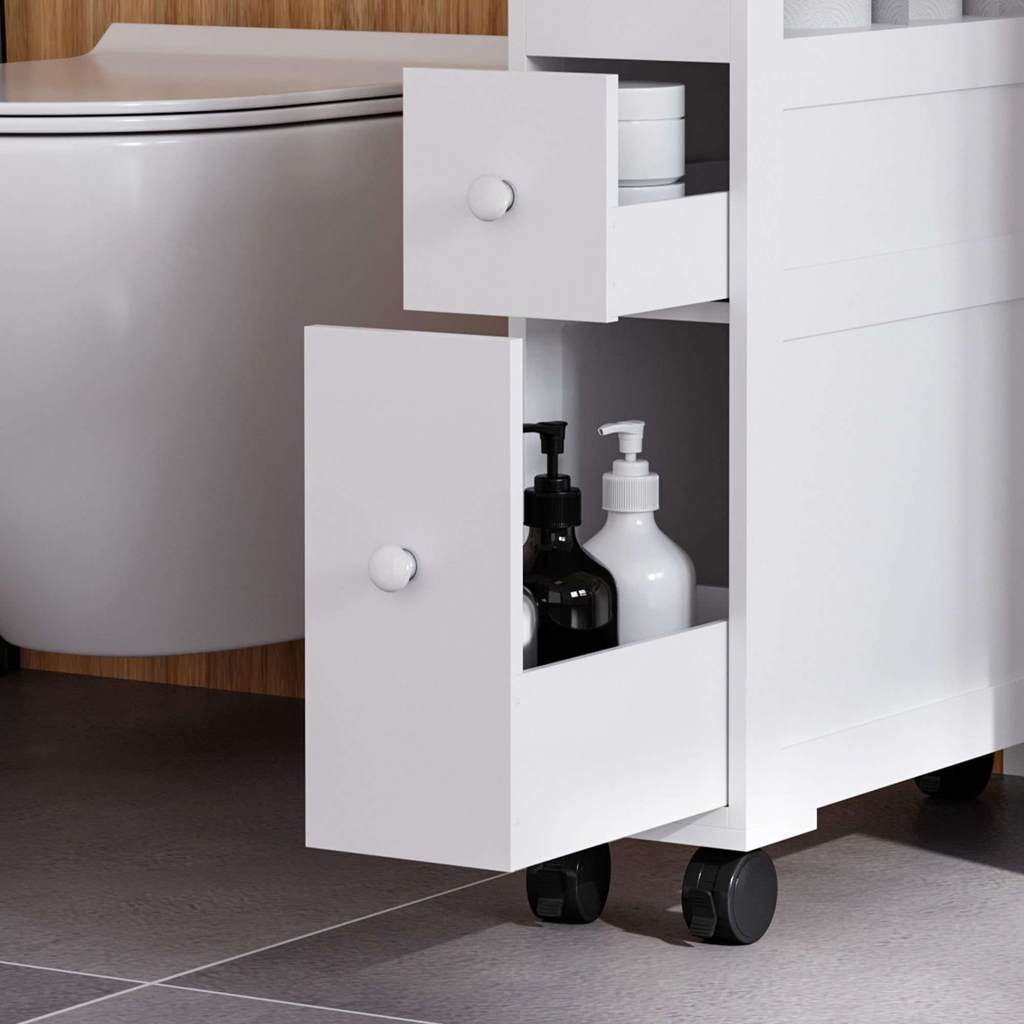 HOMCOM Armario de Baño con Ruedas Mueble de Baño Estrecho con 2 Cajones y Estante de Almacenamiento Carga 20 kg 16x52x71,5 cm Blanco