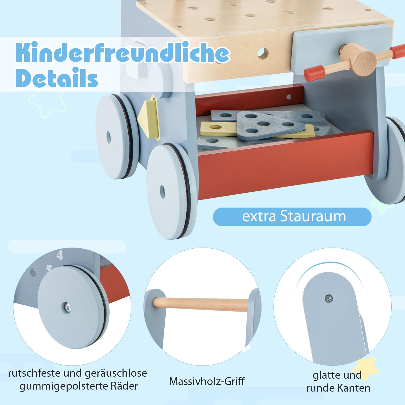 COSTWAY Lauflernwagen Holz, Baby Lauflernhilfe mit Multi-Aktivitätszentrum, Kinder Werkbank Spieltisch, Montessori Spielzeug, Laufwagen für Kinder ab 1 Jahr