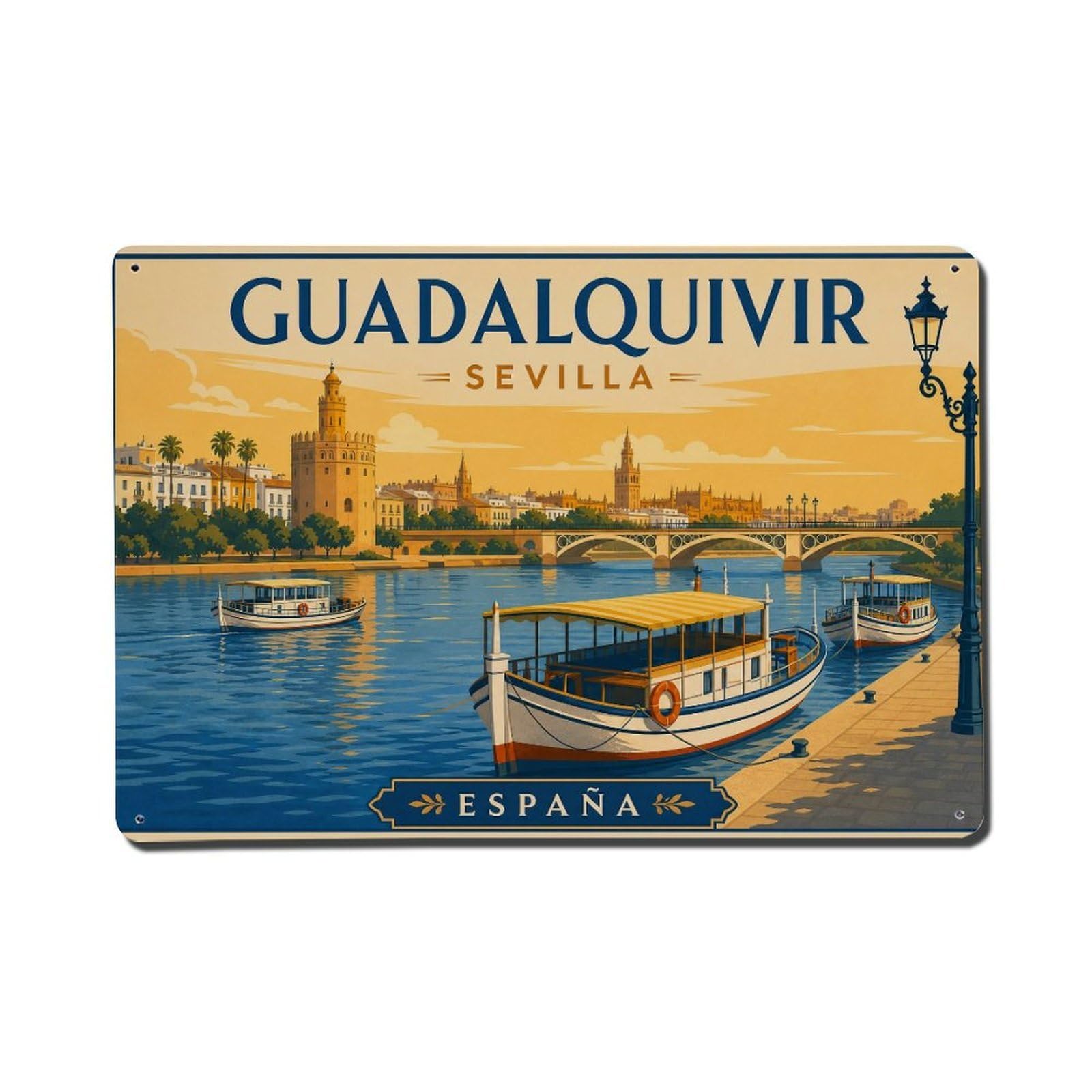 Yrnq 08X12inch Vintage Style Vintage Guadalquivir River Boats Evening Golden Hour Spain Metal Tin Sign