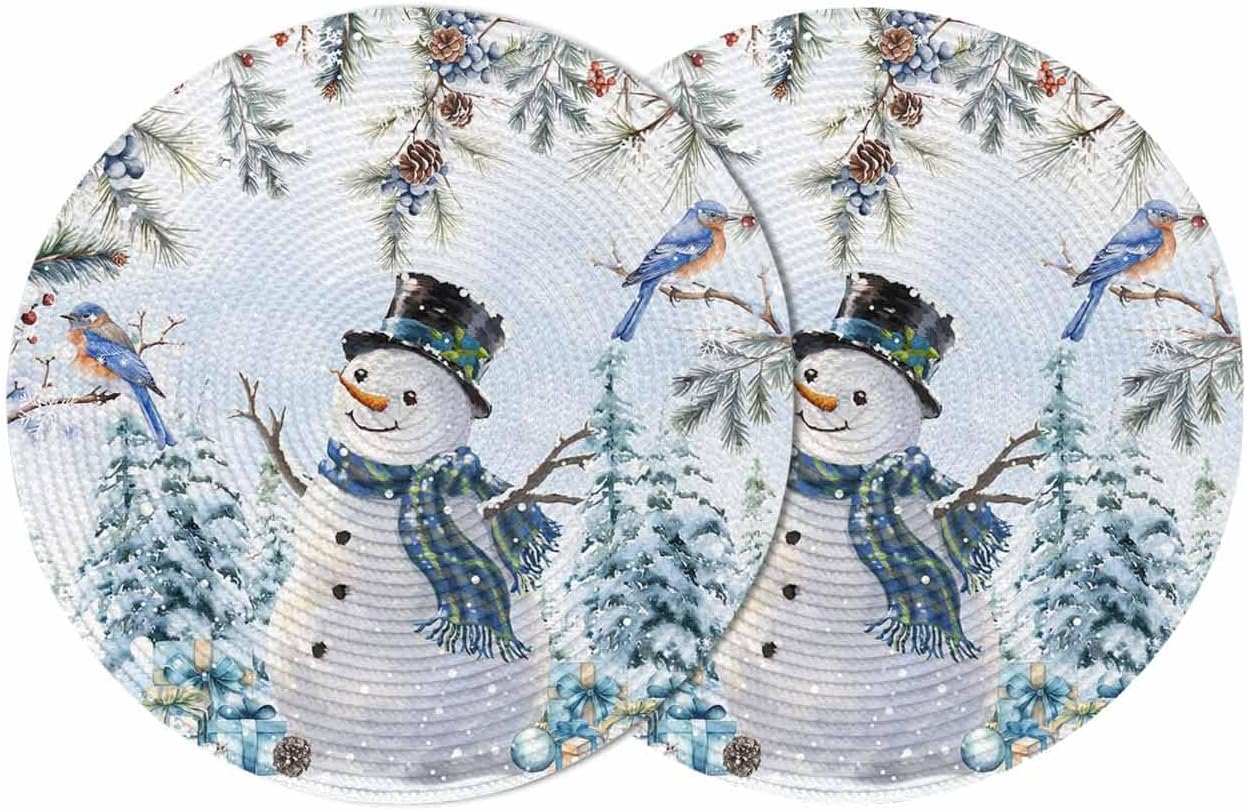 Set of 2 Placemats for Dining Table, Christmas Snowman Blue