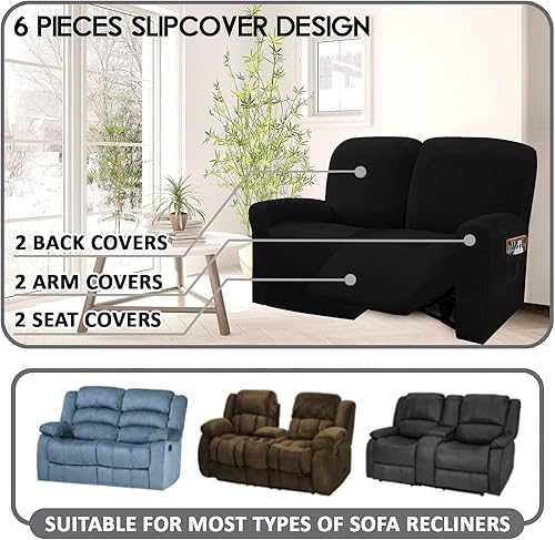 Miniatura 3 de ULTICOR Funda reclinable para sofá biplaza, 48 a 65 pulgadas de largo, 6 fundas de sofá reclinable elásticas de terciopelo para sofá biplaza de 2