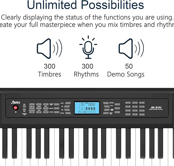 JIKADA 61 Key Electronic Keyboard Piano with 300 Timbres, 300 Rhythms | 61 Key Compact Electric Piano Keyboard w/LCD Screen, Built-In Speakers, Headphones, Stand, Stool, Music Rest, Microphone