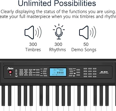 JIKADA 61 Key Electronic Keyboard Piano with 300 Timbres, 300 Rhythms | 61 Key Compact Electric Piano Keyboard w/LCD Screen, Built-In Speakers, Headphones, Stand, Stool, Music Rest, Microphone