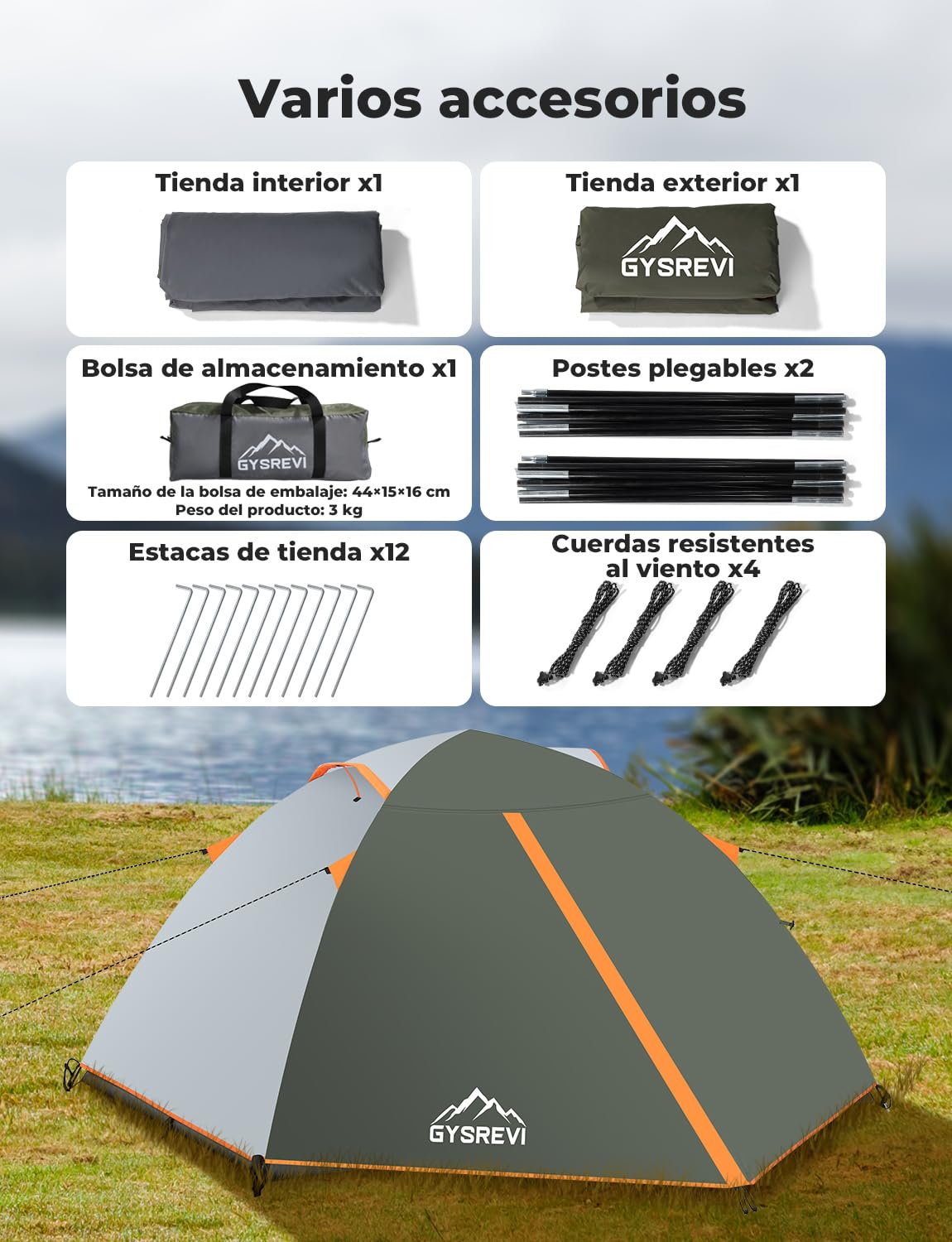 Tienda de Campaña 2-3 Personas Impermeable a Prueba de Viento Doble Capa Portátil Ultraligera