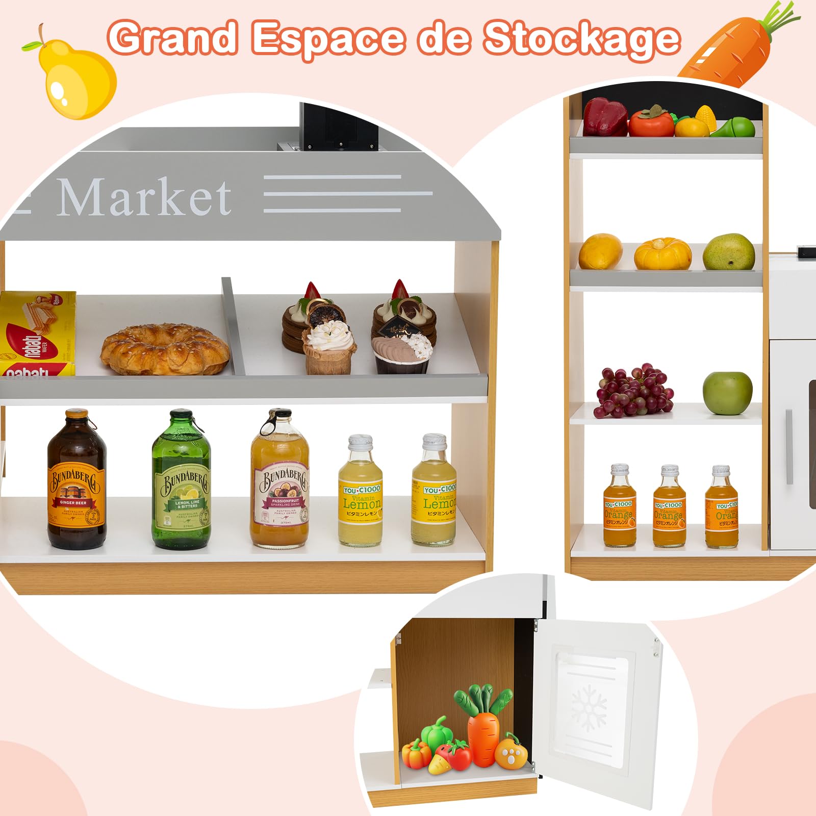 GOPLUS Marchande en Bois Enfant, Supermarché Enfant avec Chariot de Courses, Caisse Enregistreuse, Scanner, Tableau Noir, Grand Rangement, Jouet pour Filles Garçons 3+ Ans