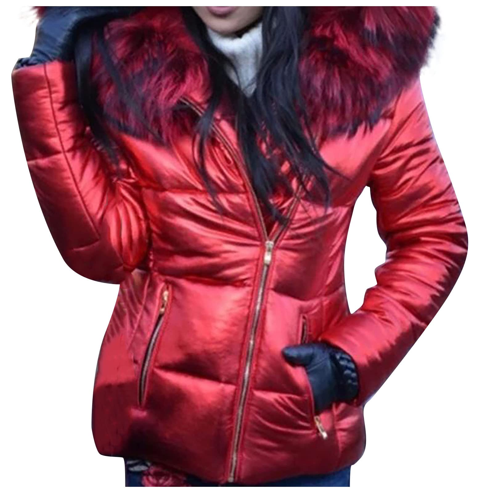 Generisch Damen Glänzende Daunenjacke Kurz Steppjacke Mit Pelzkragen Fellkapuze Winter Warm Winterjacke Wintermantel Fleece Gefüttert Parka Puffer Jack Elegant Daunenmantel Steppmantel Outdoor Mantel