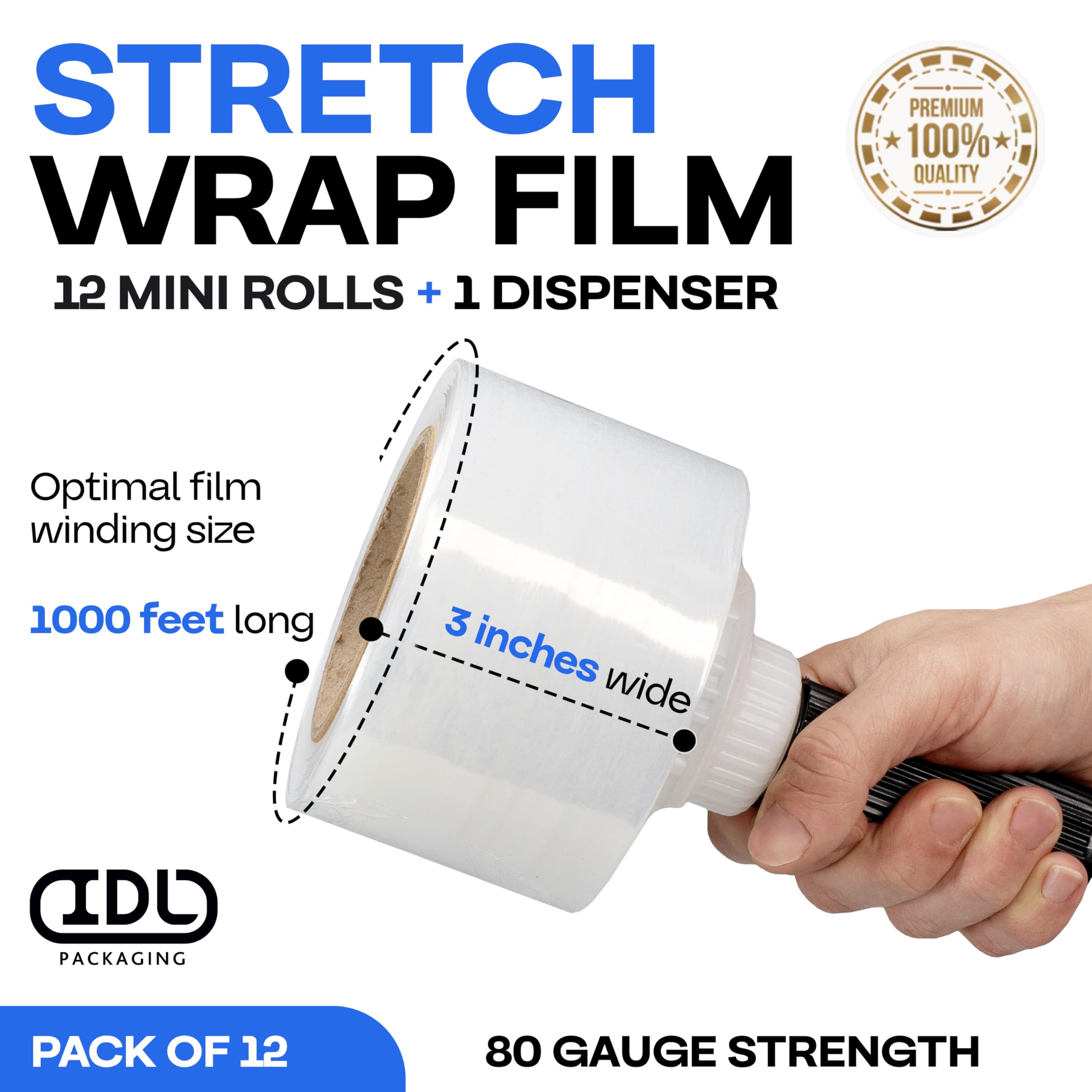 IDL Packaging 7,5 cm x 2,5 cm ręczne wiązanie folii stretch z uchwytem wielokrotnego użytku, przezroczysta (opakowanie 12 szt.)