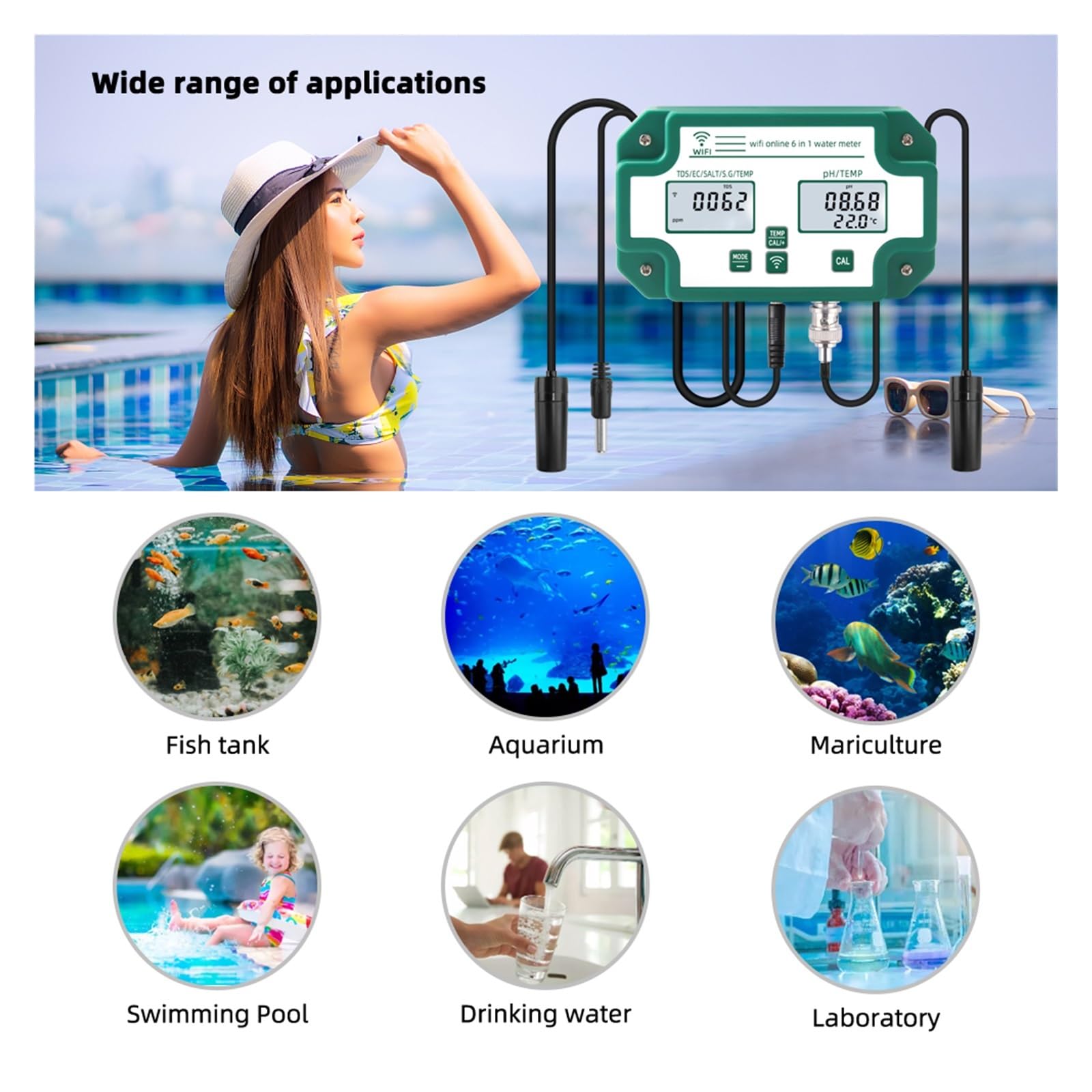 JACOJE Digitaler PH-Tester für Wasser 6-in-1-Datenlogger PH EC TDS Salt SG Temp Meter Digitaler Wasserqualitätstester WiFi Smart Monitor Tuya APP Einfache Kalibrierung (Color : Calibrate)